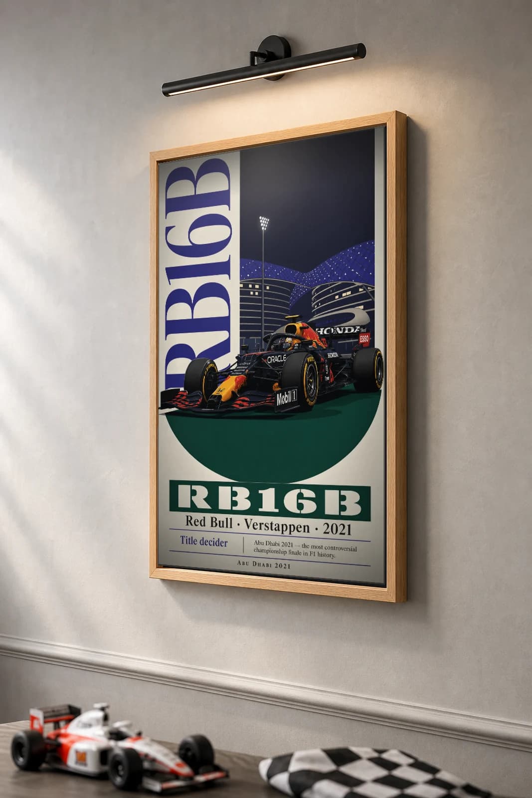 Max Verstappen — Abu Dhabi 2021 title finale Poster — 2021 F1 Grid Editorial Wall Art · framed A2 — the framed print shown at a three-quarter angle on a styled gallery wall in a natural-oak frame