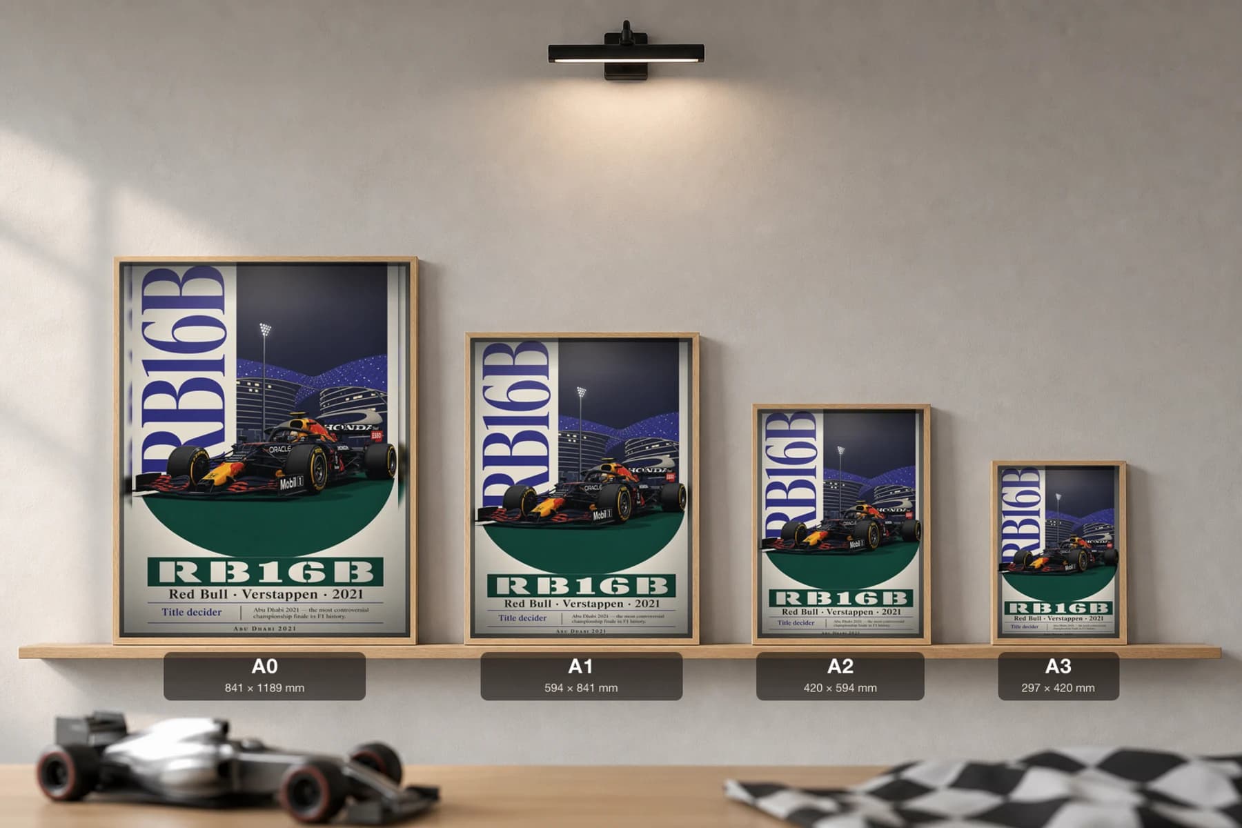 Max Verstappen — Abu Dhabi 2021 title finale Poster — 2021 F1 Grid Editorial Wall Art · framed A2 — print size guide showing the artwork at A0, A1, A2 and A3 in natural-oak frames at true relative scale