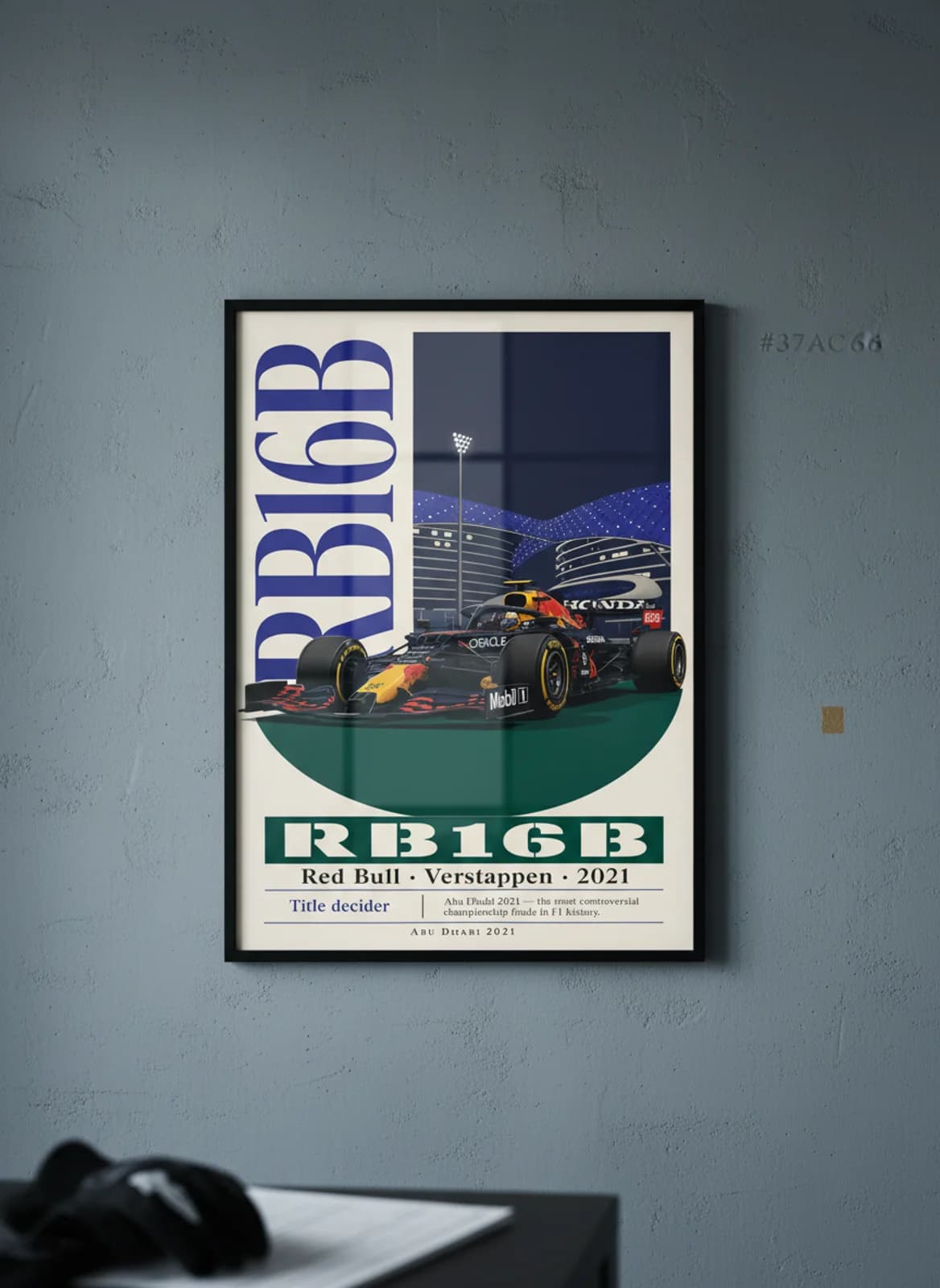 Max Verstappen — Abu Dhabi 2021 title finale F1 Grid print in black A2 frame on gold-seal-accent editorial-slate wall — Formula 1 media room mockup