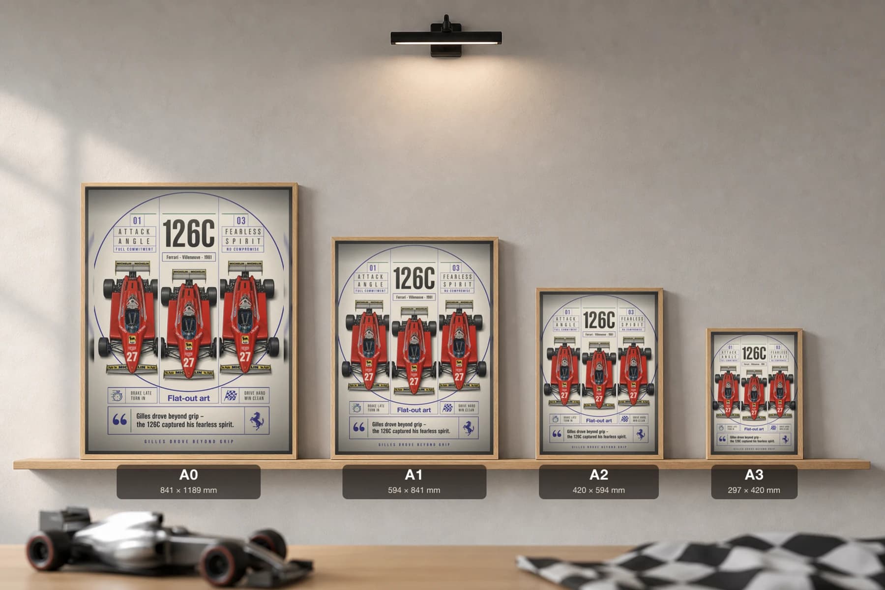 Gilles Villeneuve — Ferrari 126C Gilles heroics Poster — 1981 F1 Grid Editorial Wall Art · framed A2 — print size guide showing the artwork at A0, A1, A2 and A3 in natural-oak frames at true relative scale