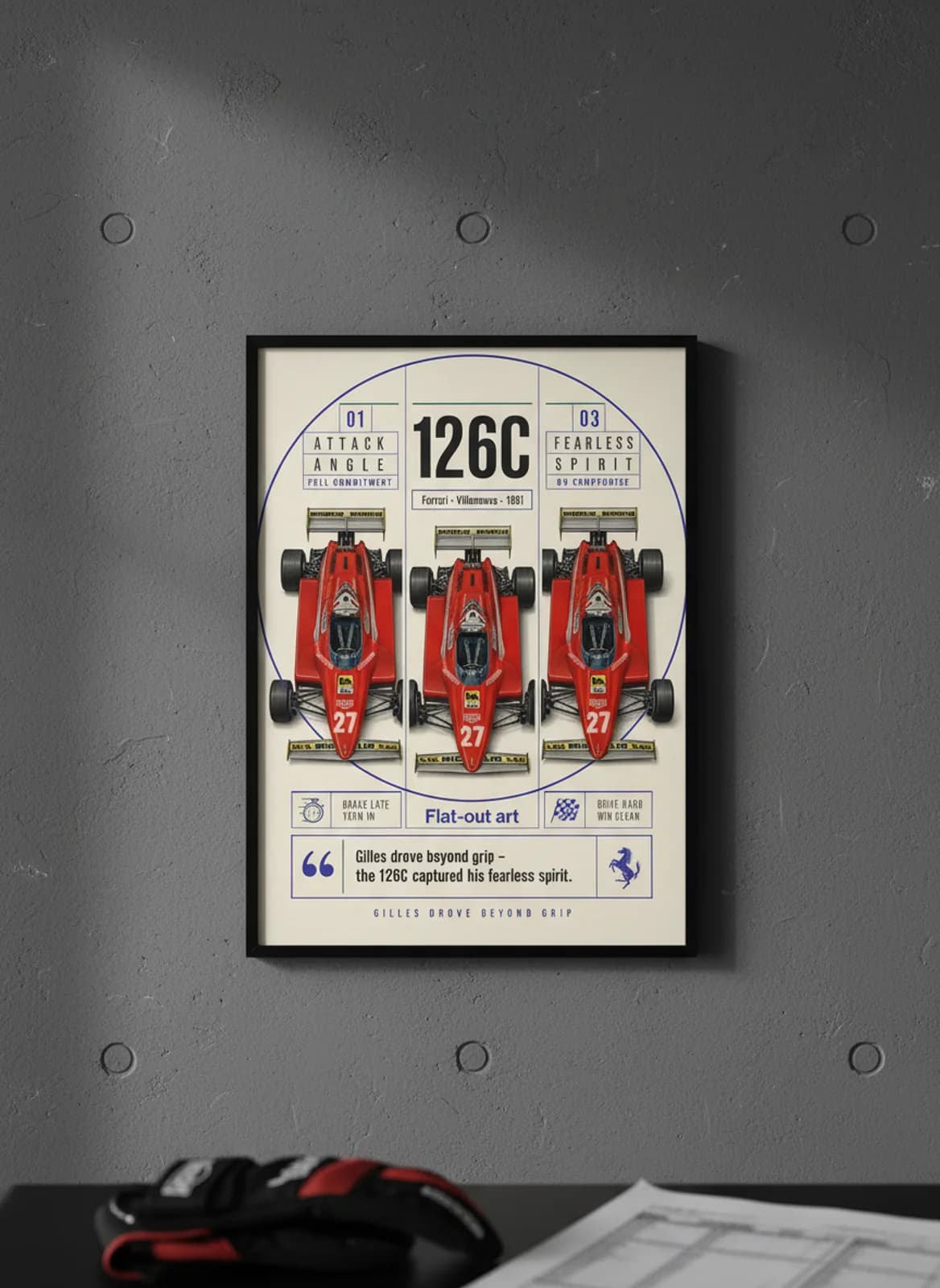 Gilles Villeneuve — Ferrari 126C Gilles heroics F1 Grid print in black A2 frame on gold-seal-accent editorial-slate wall — Formula 1 media room mockup