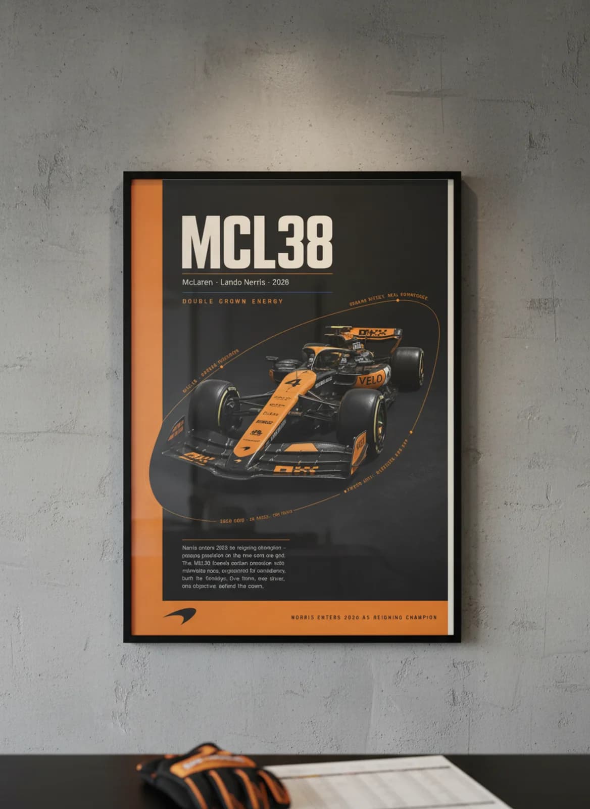 Lando Norris — MCL38 F1 Grid print in black A2 frame on papaya-orange editorial-slate wall — Formula 1 media room mockup
