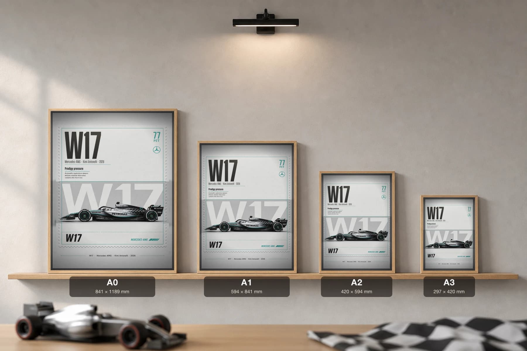 Mercedes-AMG Petronas W17 — Andrea Kimi Antonelli Poster — undefined F1 Grid Editorial Wall Art · framed A2 — print size guide showing the artwork at A0, A1, A2 and A3 in natural-oak frames at true relative scale