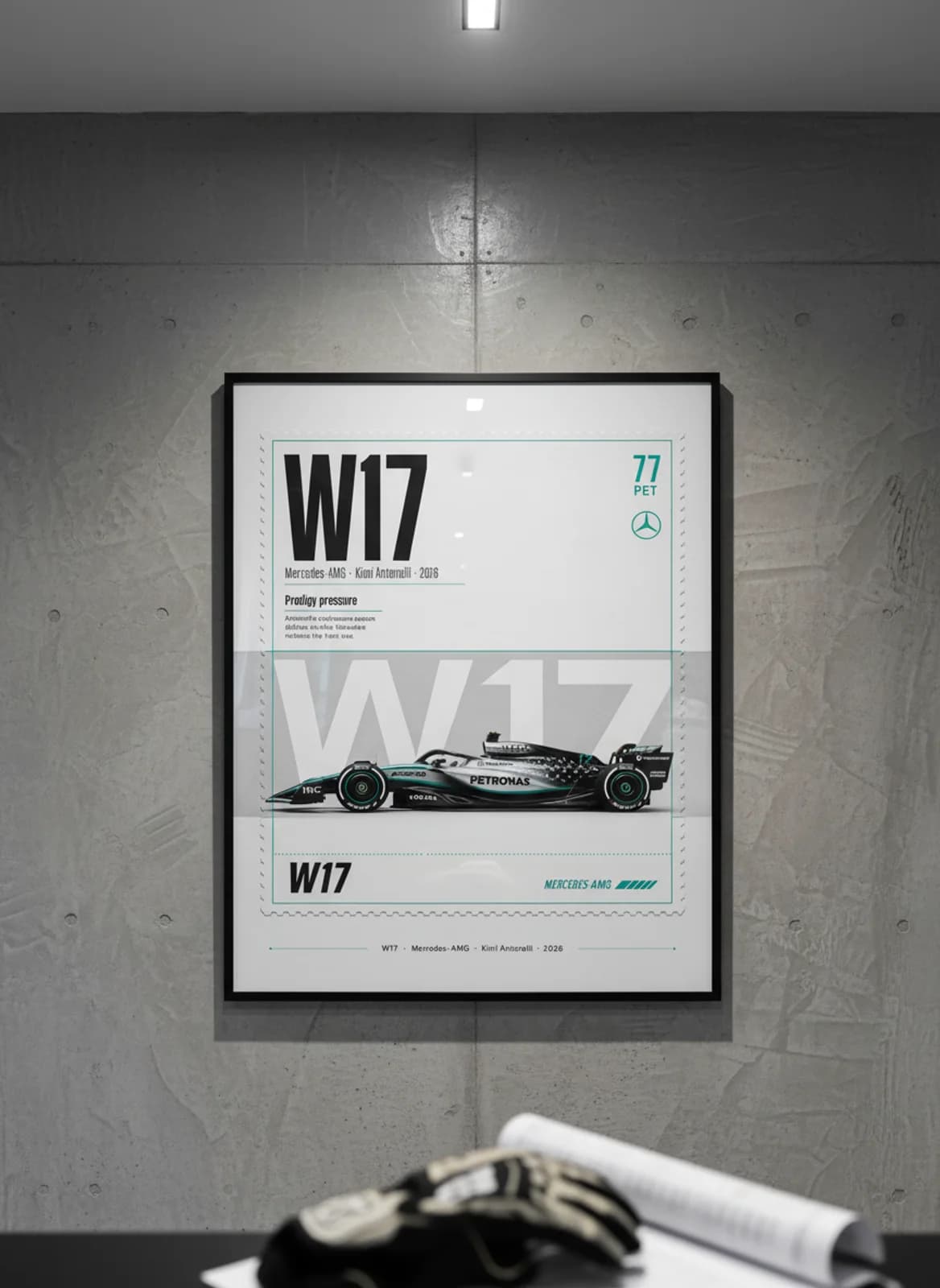 Andrea Kimi Antonelli — W17 F1 Grid print in black A2 frame on petronas-teal editorial-slate wall — Formula 1 media room mockup