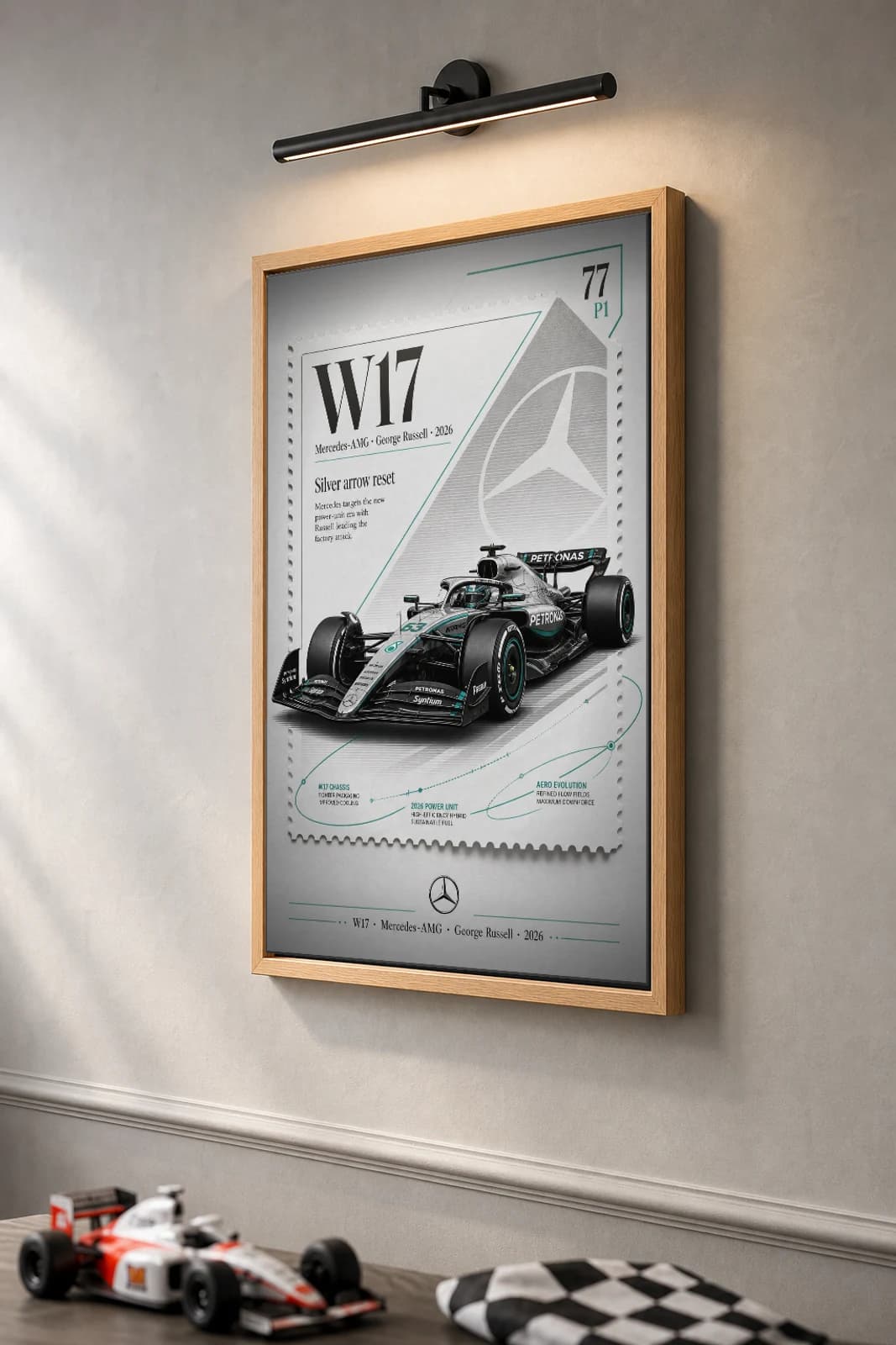 Mercedes-AMG Petronas W17 — George Russell Poster — undefined F1 Grid Editorial Wall Art · framed A2 — the framed print shown at a three-quarter angle on a styled gallery wall in a natural-oak frame