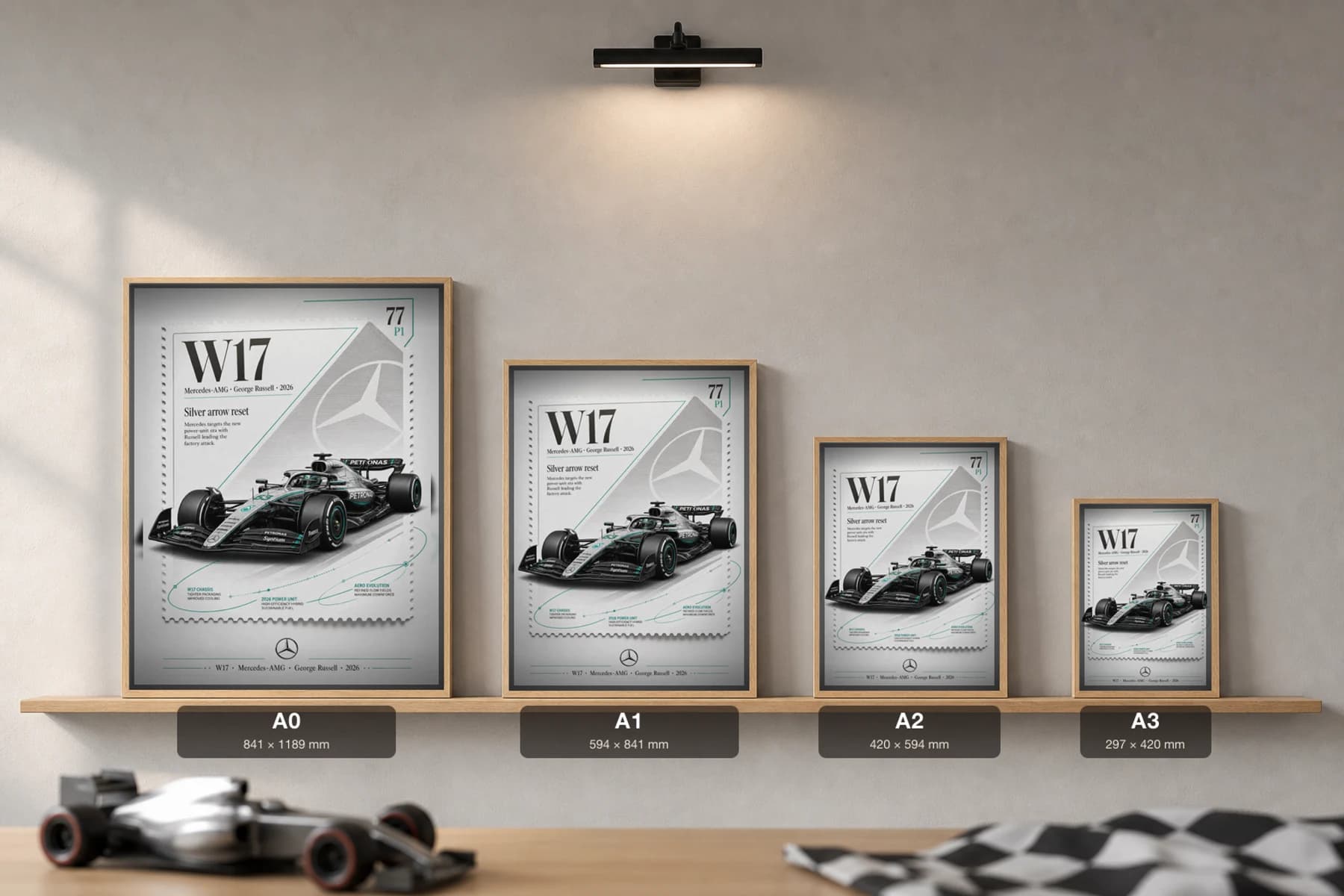 Mercedes-AMG Petronas W17 — George Russell Poster — undefined F1 Grid Editorial Wall Art · framed A2 — print size guide showing the artwork at A0, A1, A2 and A3 in natural-oak frames at true relative scale