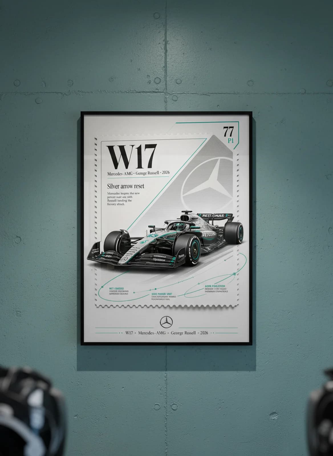 George Russell — W17 F1 Grid print in black A2 frame on petronas-teal editorial-slate wall — Formula 1 media room mockup