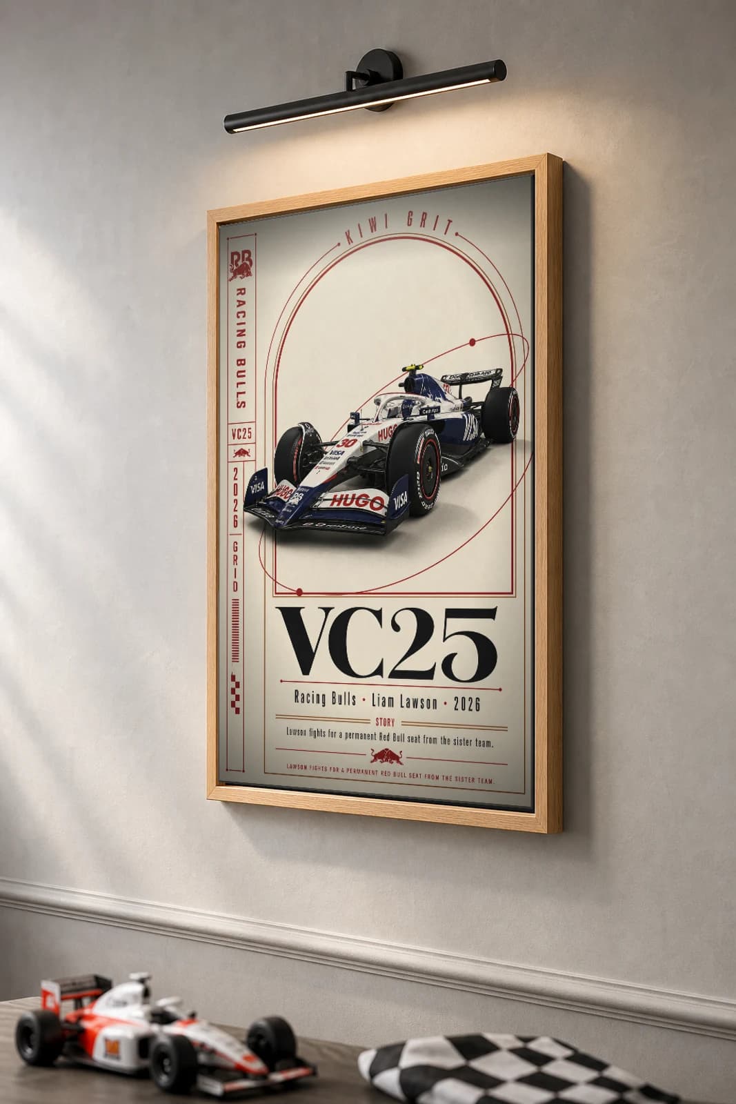 Racing Bulls VC25 — Liam Lawson Poster — undefined F1 Grid Editorial Wall Art · framed A2 — the framed print shown at a three-quarter angle on a styled gallery wall in a natural-oak frame