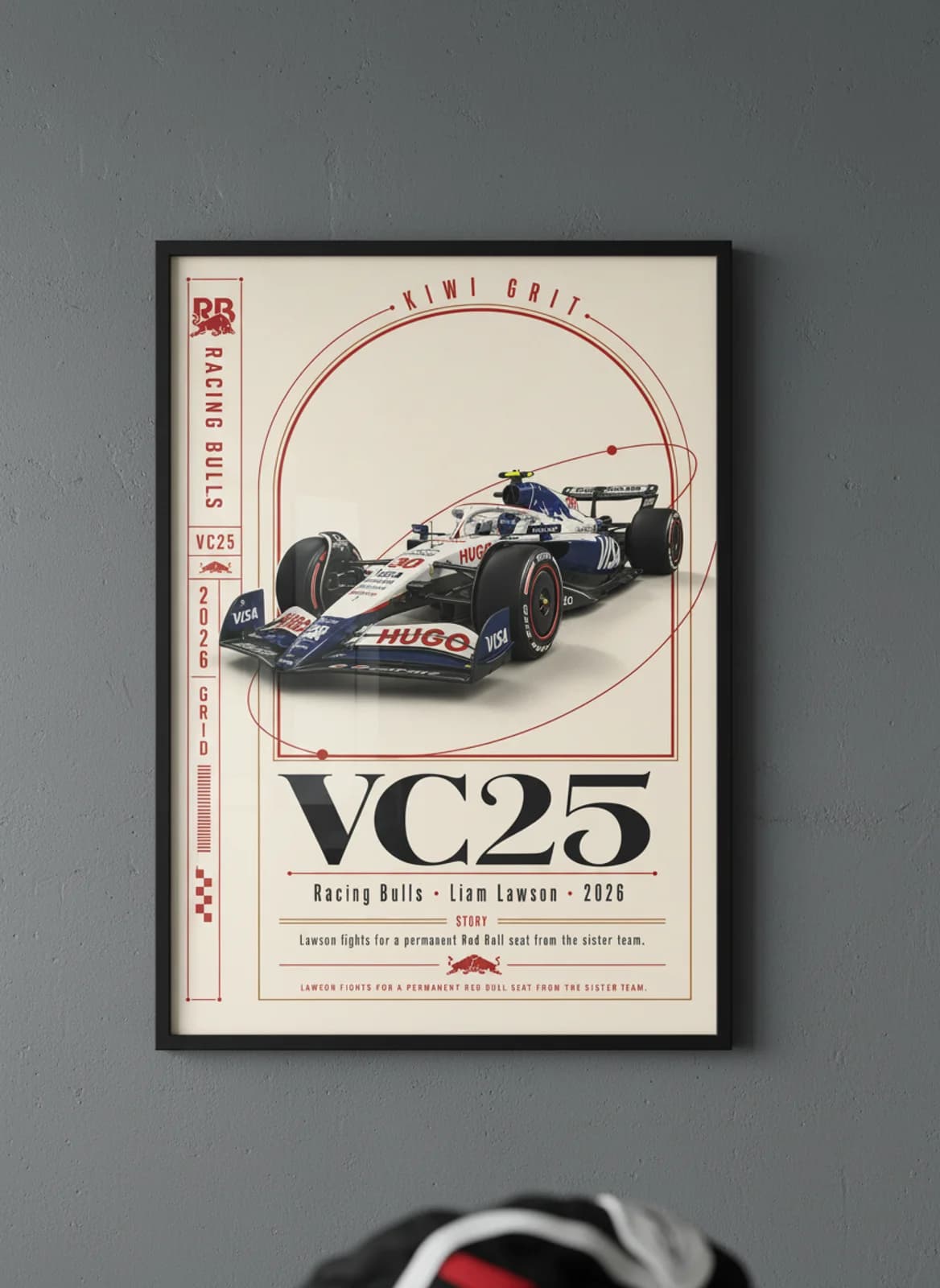 Liam Lawson — VC25 F1 Grid print in black A2 frame on racing-bulls-blue editorial-slate wall — Formula 1 media room mockup