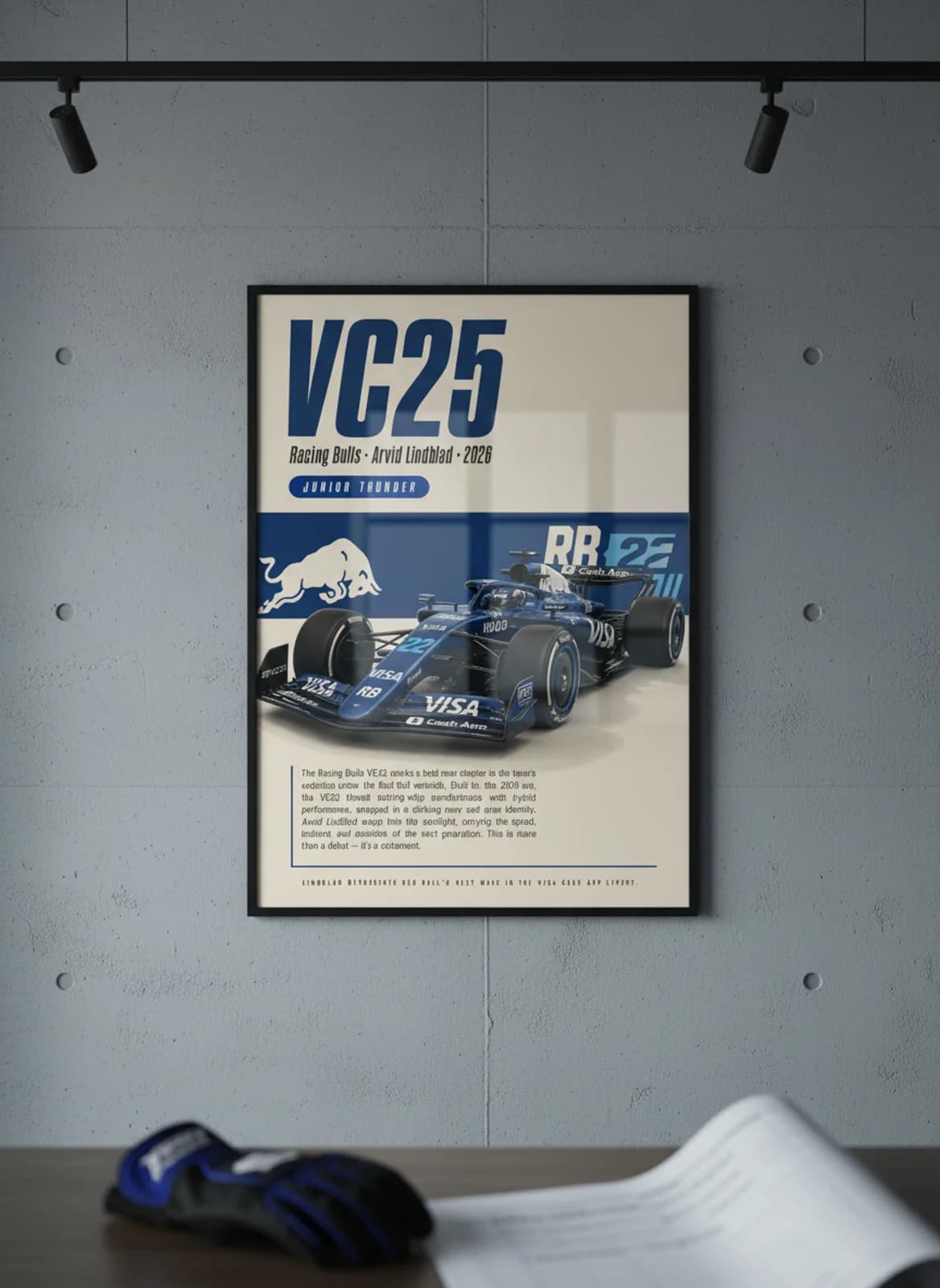 Arvid Lindblad — VC25 F1 Grid print in black A2 frame on racing-bulls-blue editorial-slate wall — Formula 1 media room mockup