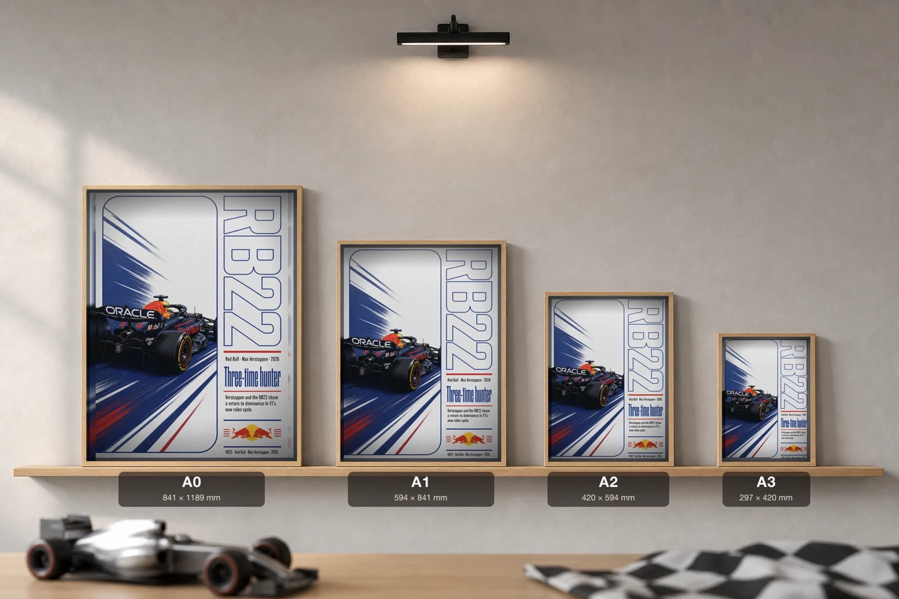 Red Bull Racing RB22 — Max Verstappen Poster — undefined F1 Grid Editorial Wall Art · framed A2 — print size guide showing the artwork at A0, A1, A2 and A3 in natural-oak frames at true relative scale