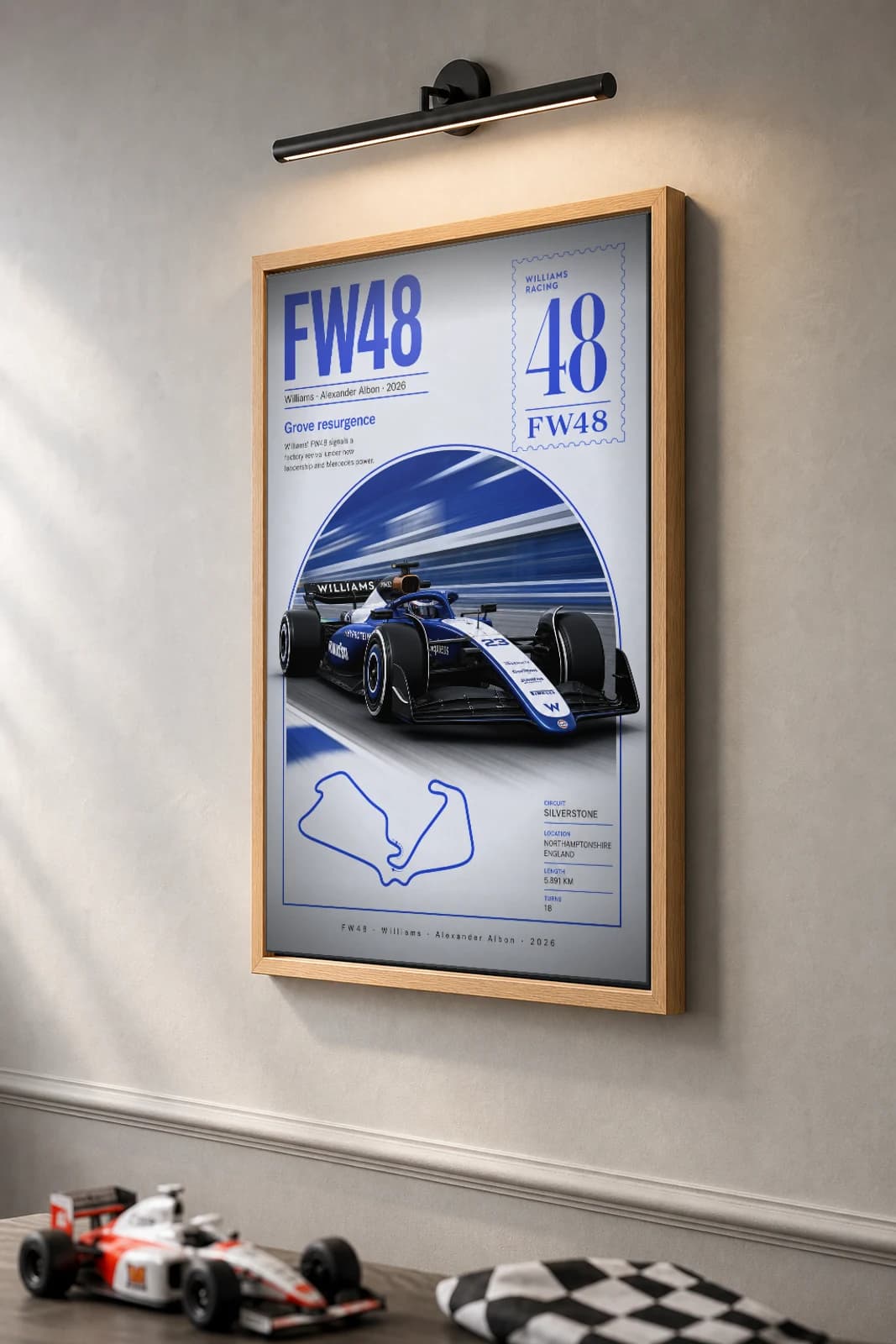 Williams Racing FW48 — Alexander Albon Poster — undefined F1 Grid Editorial Wall Art · framed A2 — the framed print shown at a three-quarter angle on a styled gallery wall in a natural-oak frame