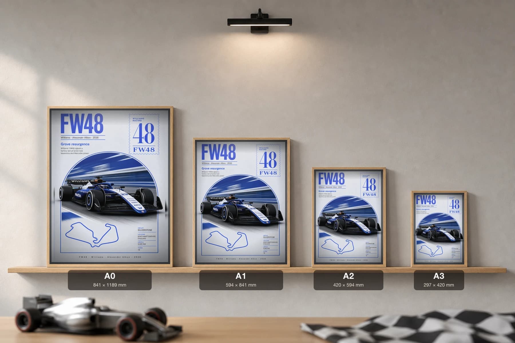 Williams Racing FW48 — Alexander Albon Poster — undefined F1 Grid Editorial Wall Art · framed A2 — print size guide showing the artwork at A0, A1, A2 and A3 in natural-oak frames at true relative scale