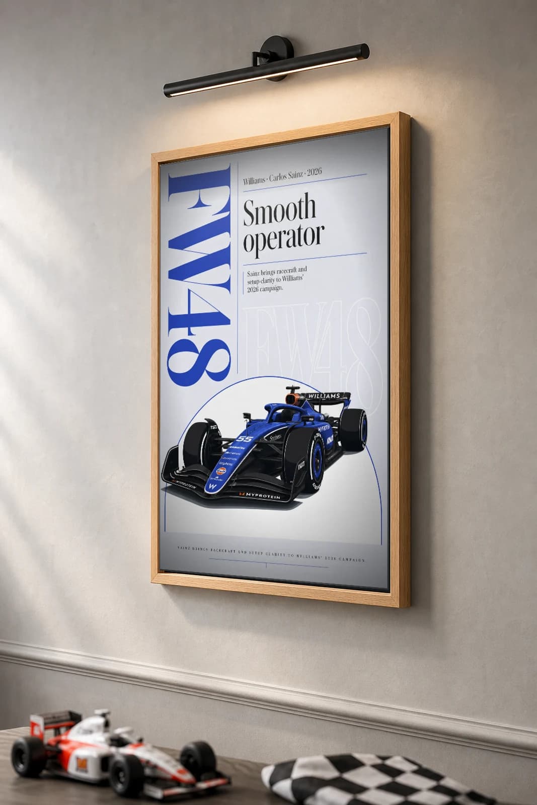 Williams Racing FW48 — Carlos Sainz Poster — undefined F1 Grid Editorial Wall Art · framed A2 — the framed print shown at a three-quarter angle on a styled gallery wall in a natural-oak frame