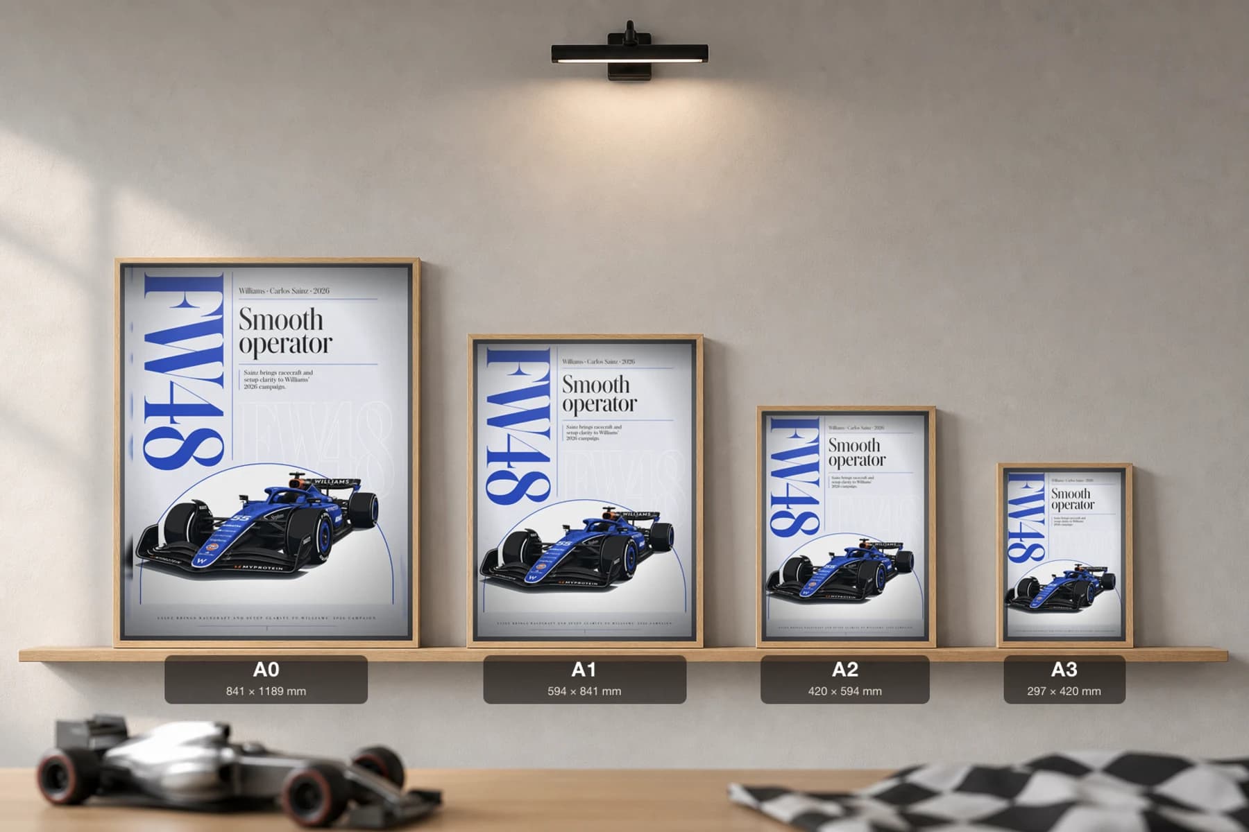Williams Racing FW48 — Carlos Sainz Poster — undefined F1 Grid Editorial Wall Art · framed A2 — print size guide showing the artwork at A0, A1, A2 and A3 in natural-oak frames at true relative scale