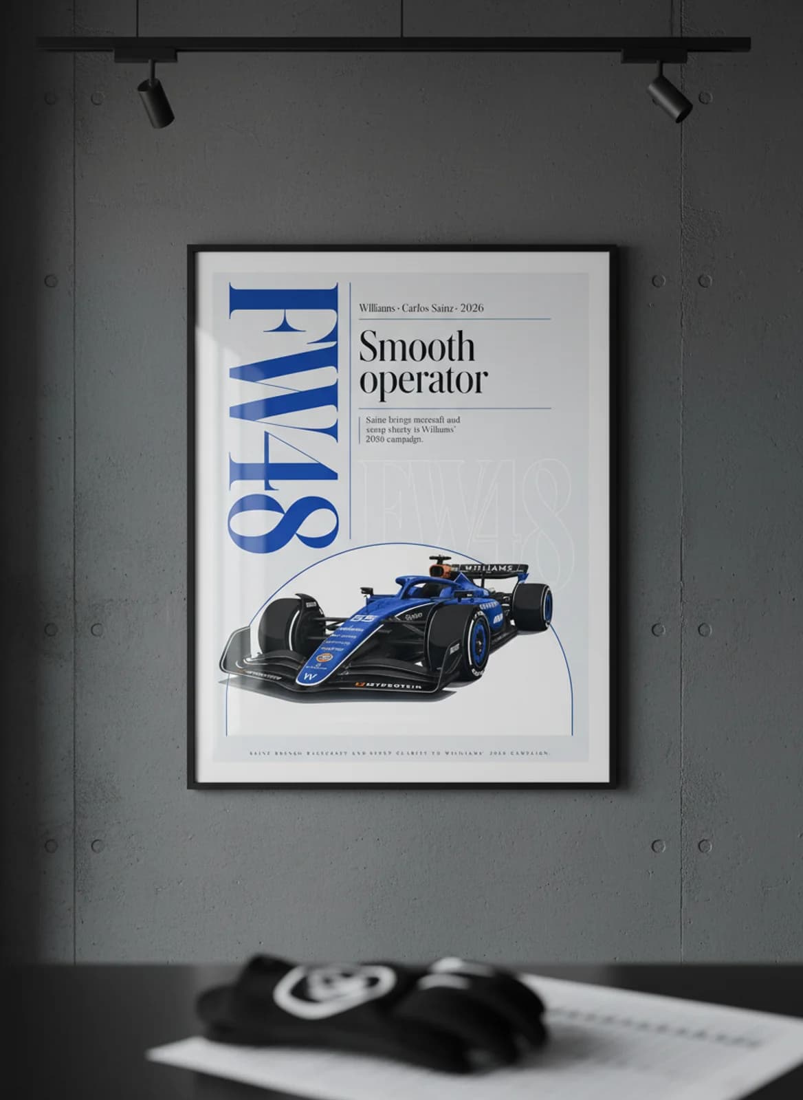 Carlos Sainz — FW48 F1 Grid print in black A2 frame on williams-blue editorial-slate wall — Formula 1 media room mockup