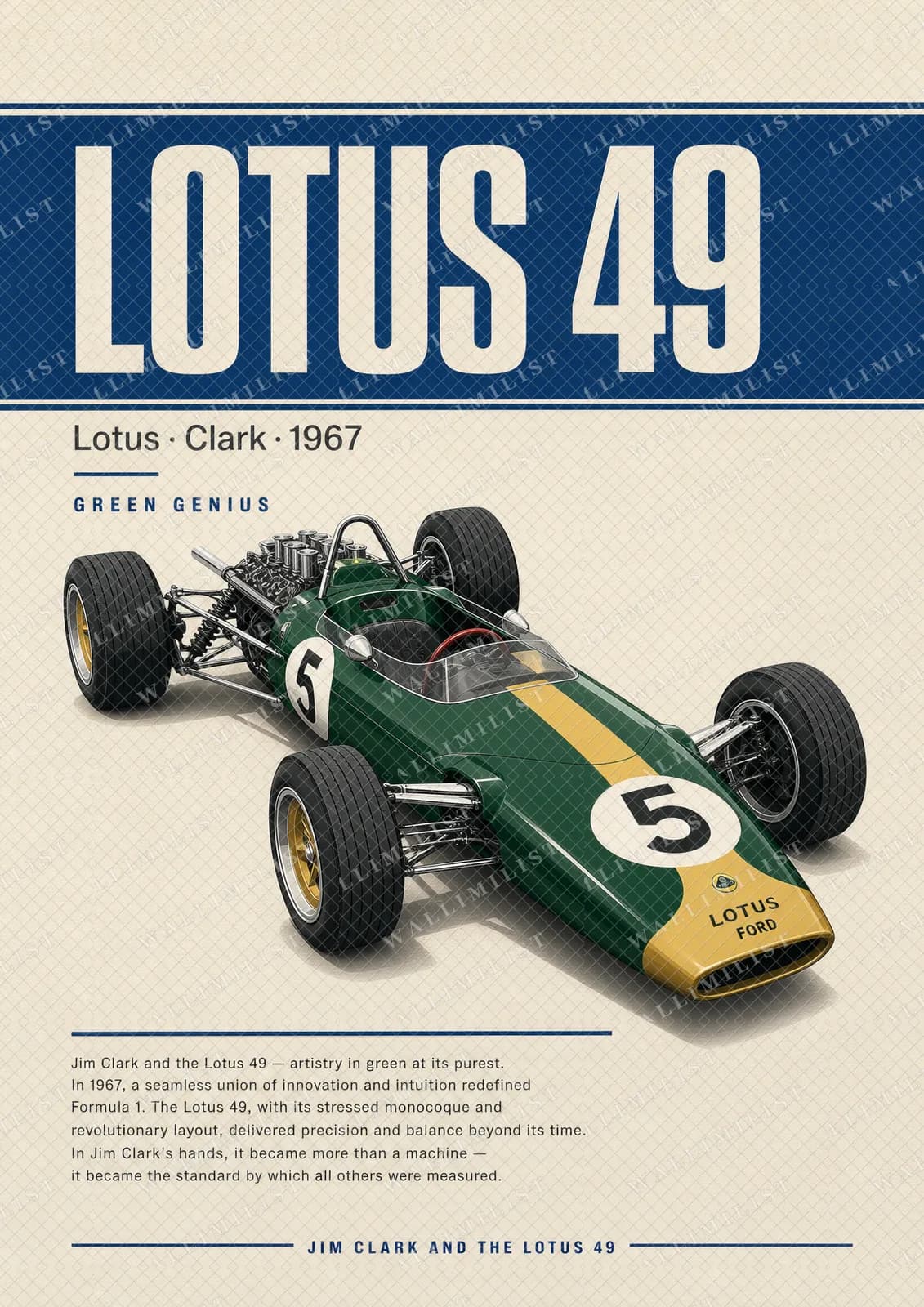 Actual watermarked print of Jim Clark — Lotus 49 pioneer season