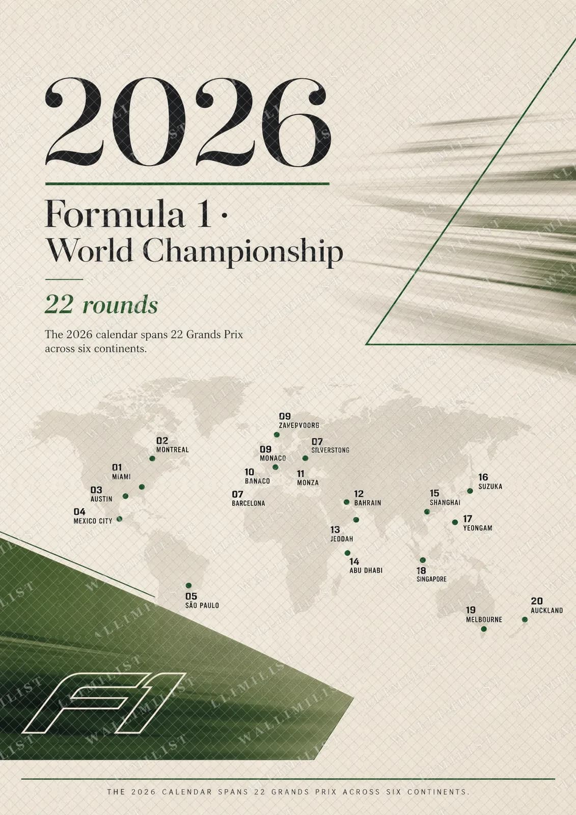Actual watermarked print of 2026 Season — 2026 F1 calendar grid