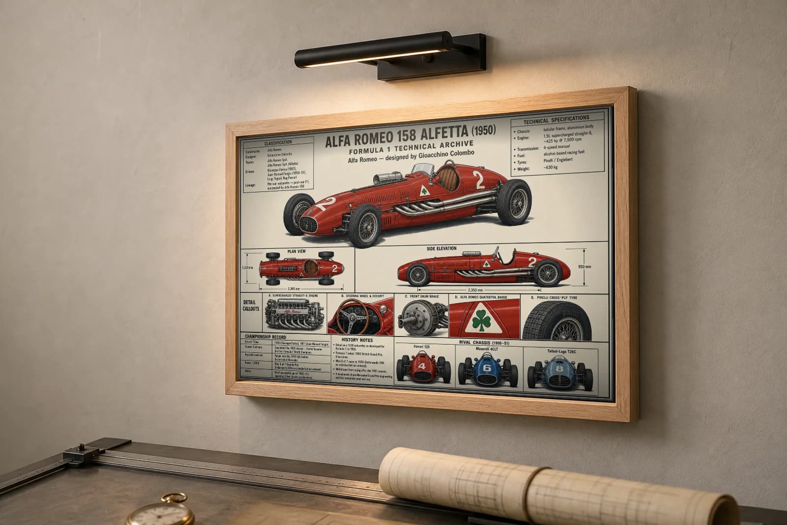 ALFA ROMEO 158 ALFETTA Poster — 1950 F1 Technical Archive Blueprint Wall Art · framed A2 — the framed print shown at a three-quarter angle on a styled gallery wall in a natural-oak frame