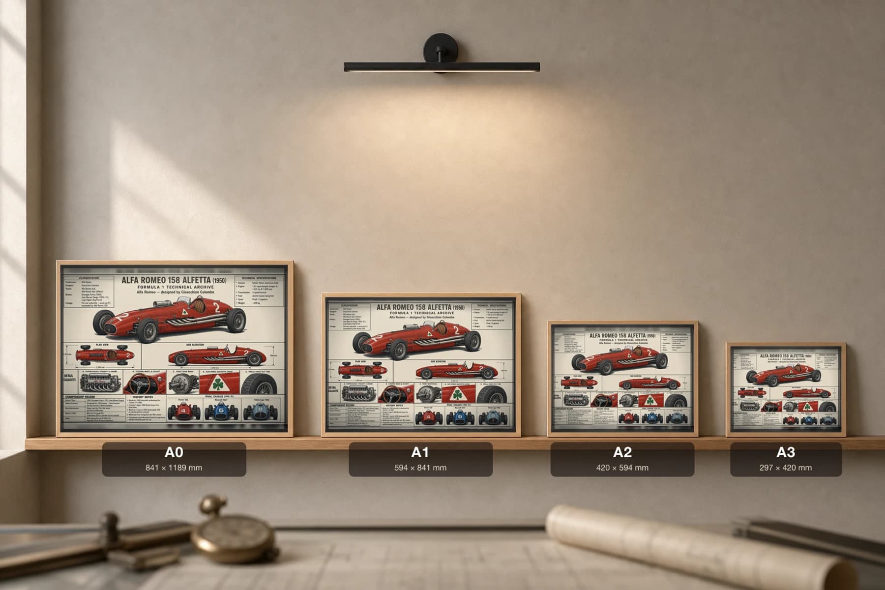 ALFA ROMEO 158 ALFETTA Poster — 1950 F1 Technical Archive Blueprint Wall Art · framed A2 — print size guide showing the artwork at A0, A1, A2 and A3 in natural-oak frames at true relative scale