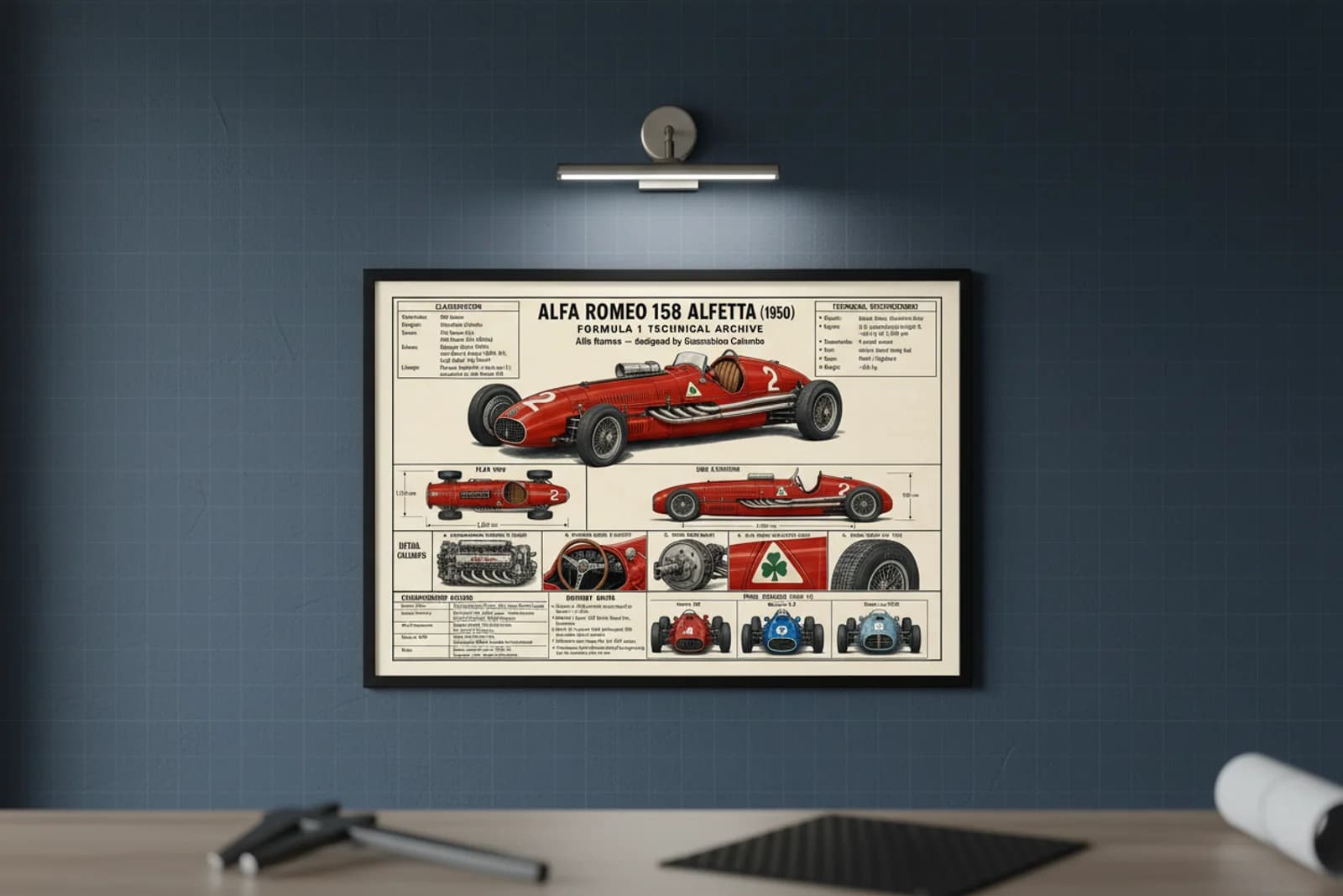 158 ALFETTA F1 Technical Archive print in black A2 frame on alfa-red blueprint-indigo wall — engineering studio mockup