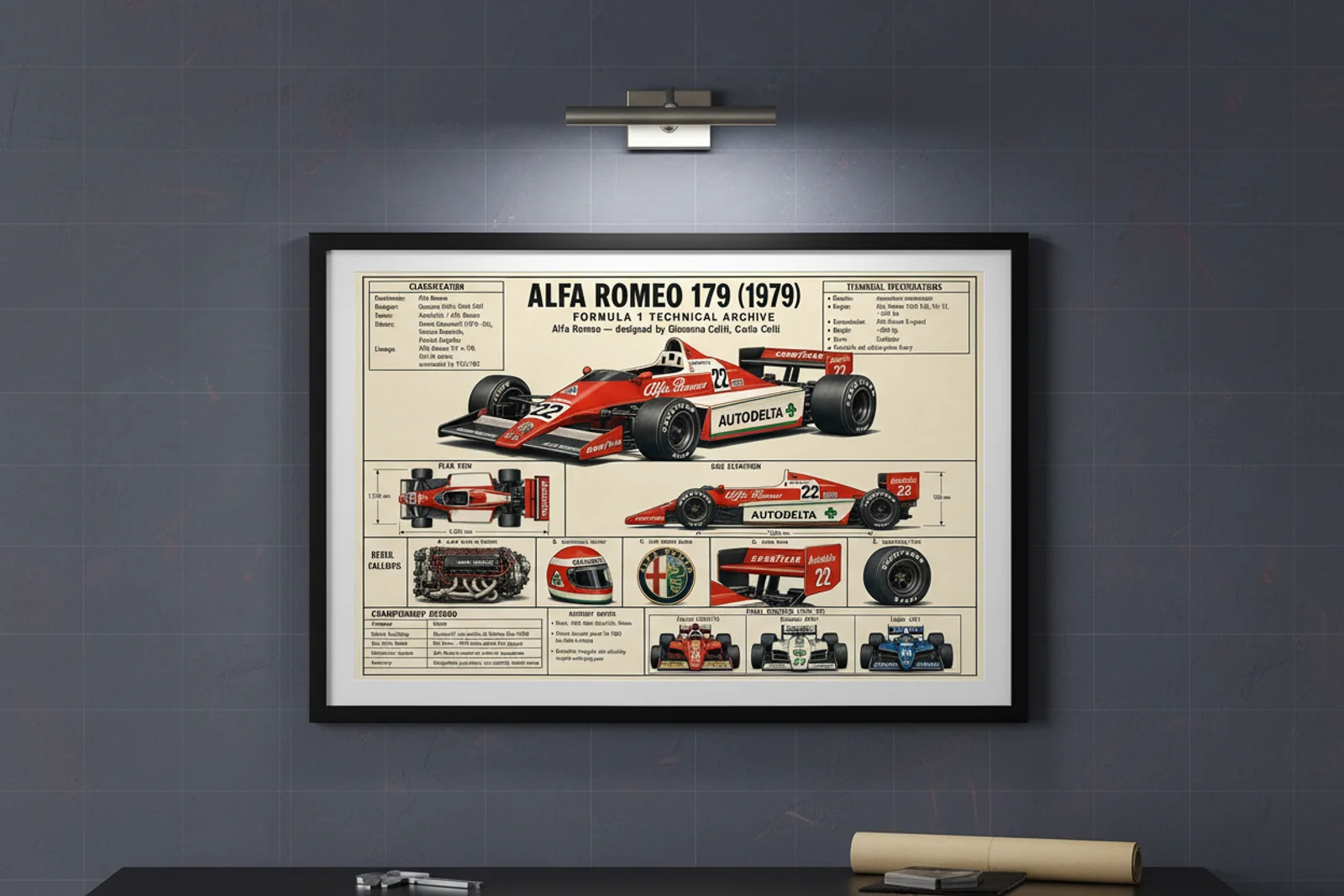 179 F1 Technical Archive print in black A2 frame on alfa-red blueprint-indigo wall — engineering studio mockup