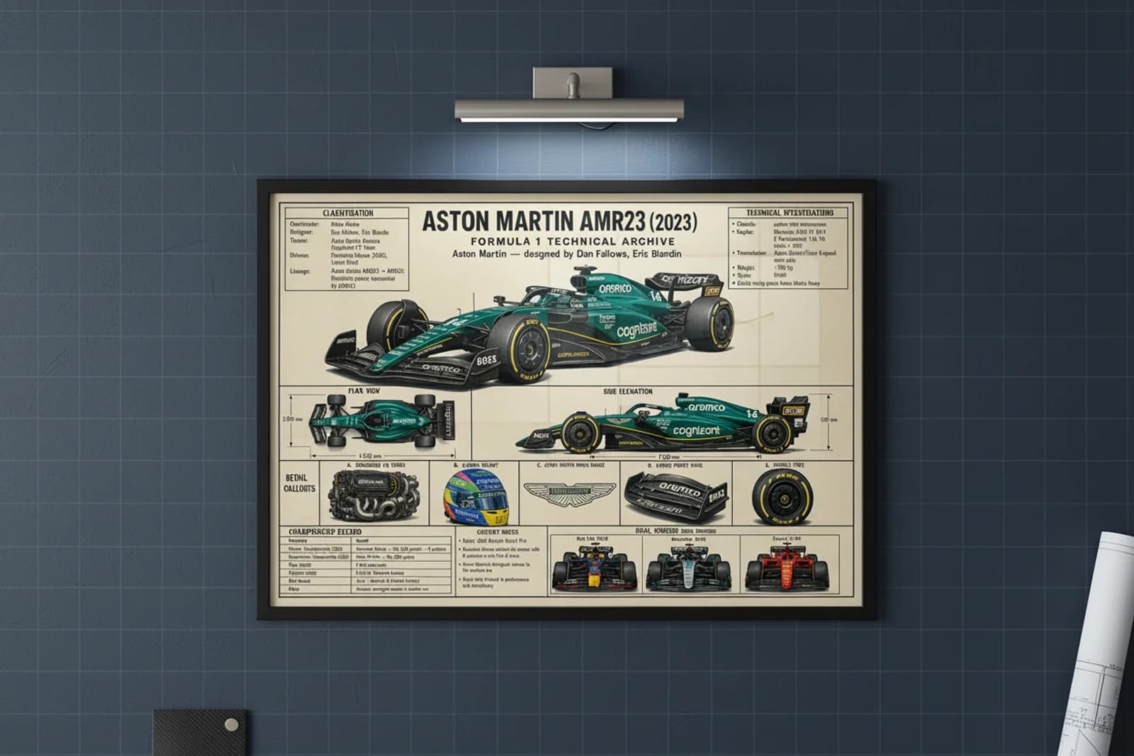 AMR23 F1 Technical Archive print in black A2 frame on aston-green blueprint-indigo wall — engineering studio mockup