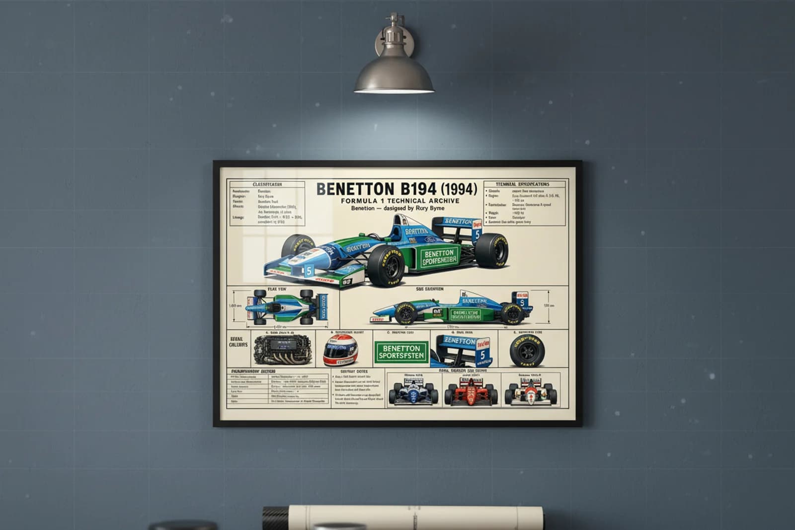 B194 F1 Technical Archive print in black A2 frame on benetton-green blueprint-indigo wall — engineering studio mockup