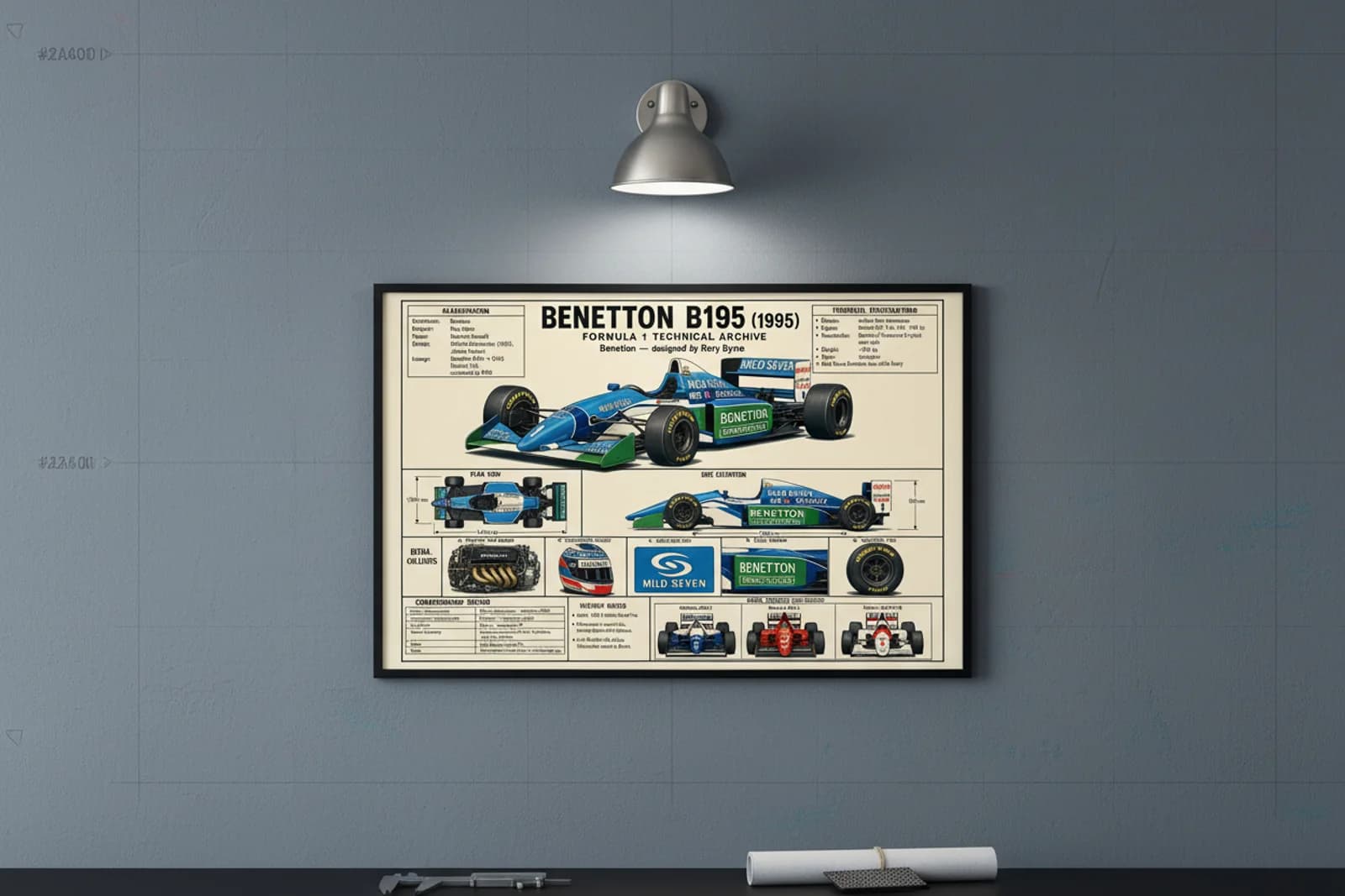 B195 F1 Technical Archive print in black A2 frame on benetton-green blueprint-indigo wall — engineering studio mockup