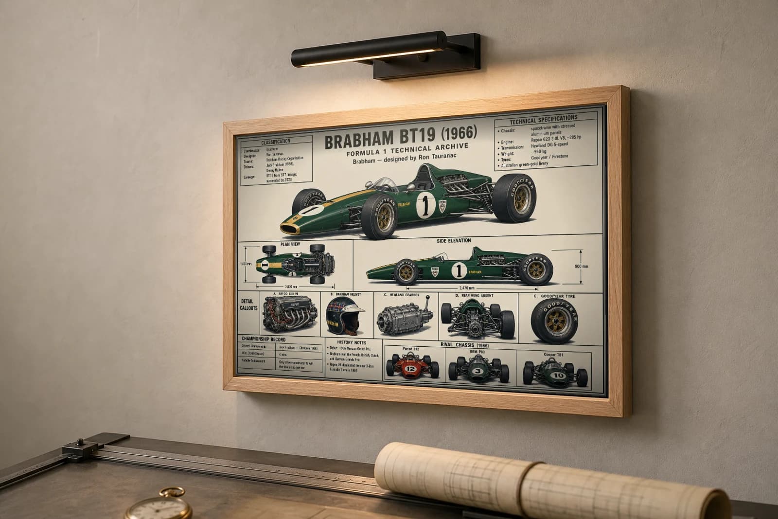 BRABHAM BT19 Poster — 1966 F1 Technical Archive Blueprint Wall Art · framed A2 — the framed print shown at a three-quarter angle on a styled gallery wall in a natural-oak frame