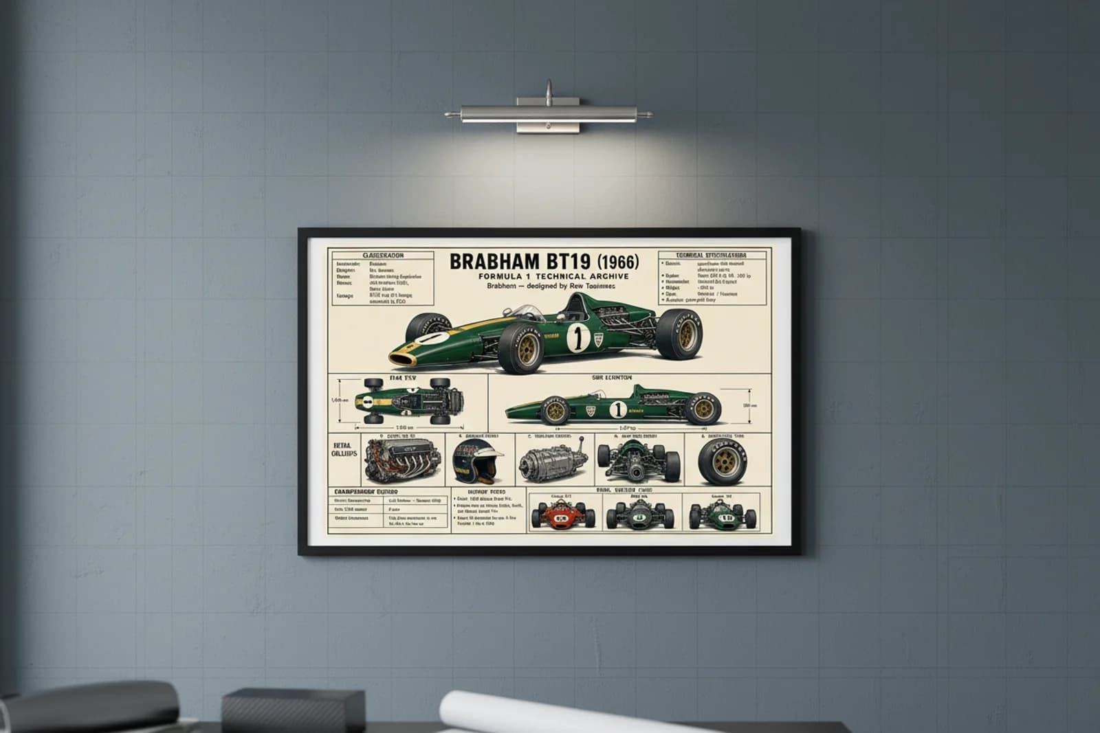 BT19 F1 Technical Archive print in black A2 frame on brabham-teal blueprint-indigo wall — engineering studio mockup