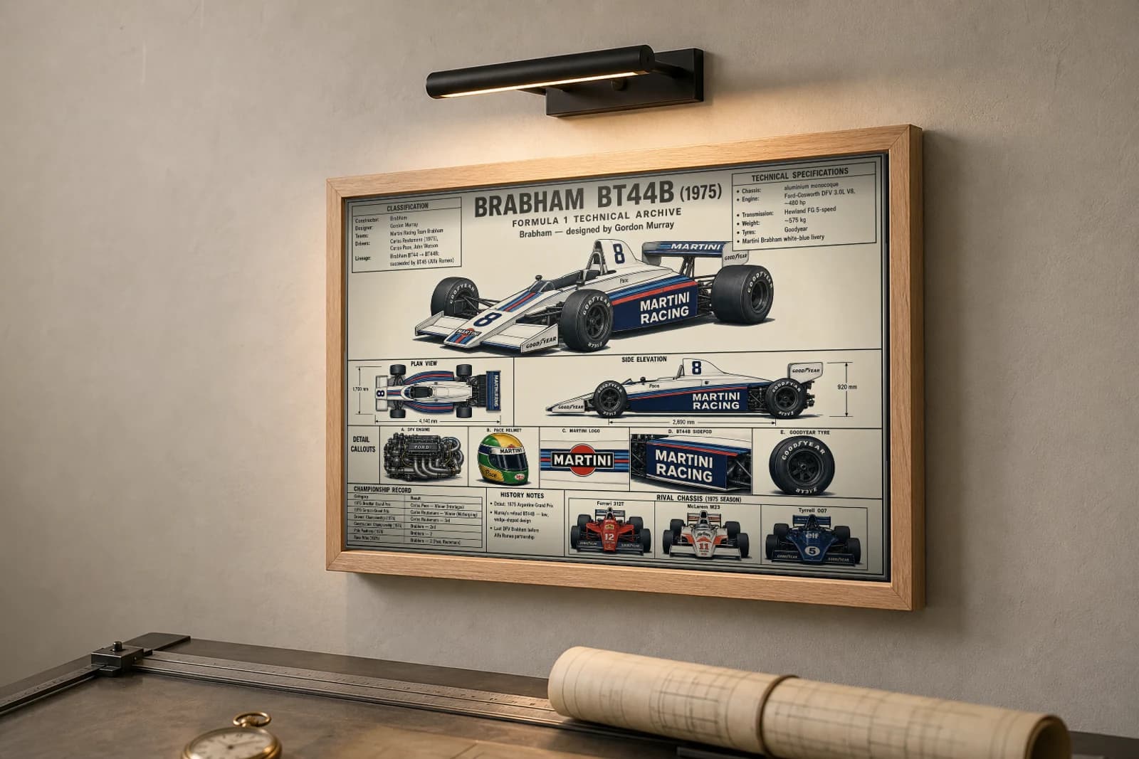 BRABHAM BT44B Poster — 1975 F1 Technical Archive Blueprint Wall Art · framed A2 — the framed print shown at a three-quarter angle on a styled gallery wall in a natural-oak frame