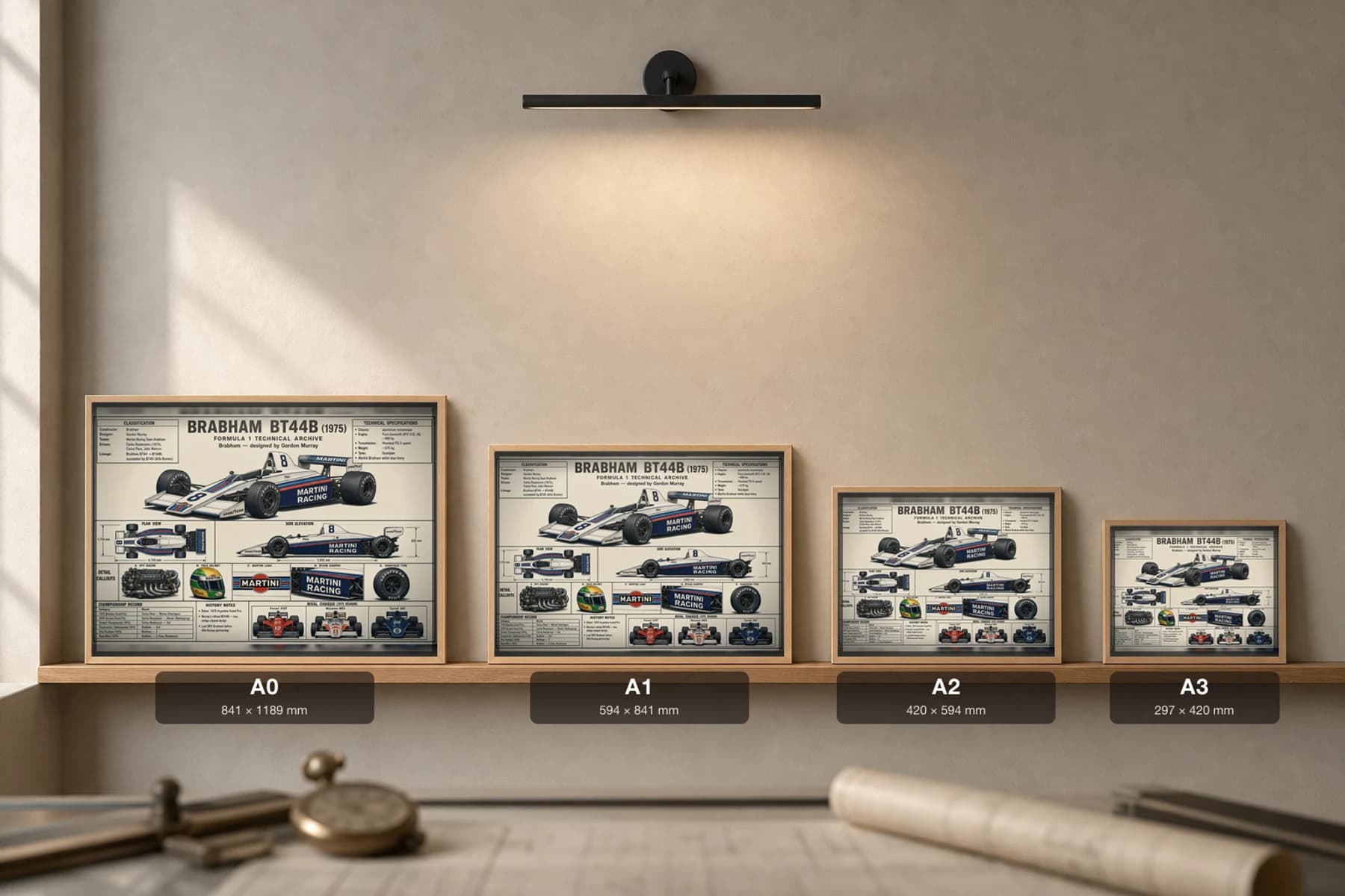 BRABHAM BT44B Poster — 1975 F1 Technical Archive Blueprint Wall Art · framed A2 — print size guide showing the artwork at A0, A1, A2 and A3 in natural-oak frames at true relative scale