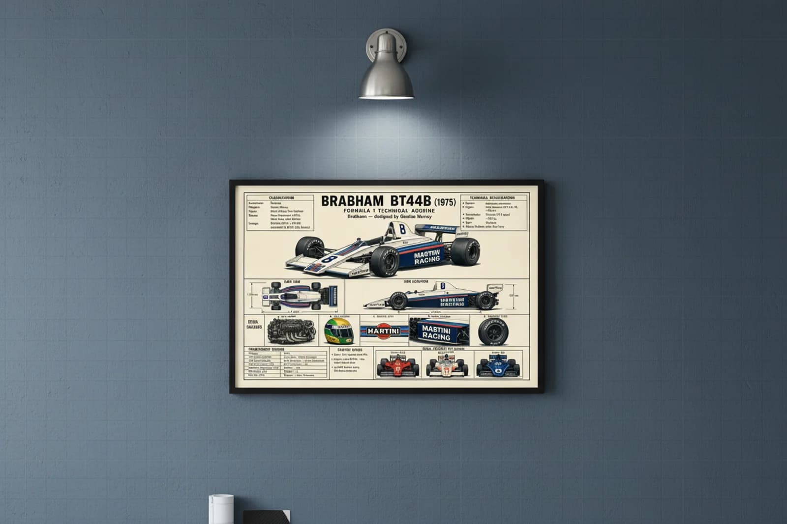 BT44B F1 Technical Archive print in black A2 frame on brabham-teal blueprint-indigo wall — engineering studio mockup
