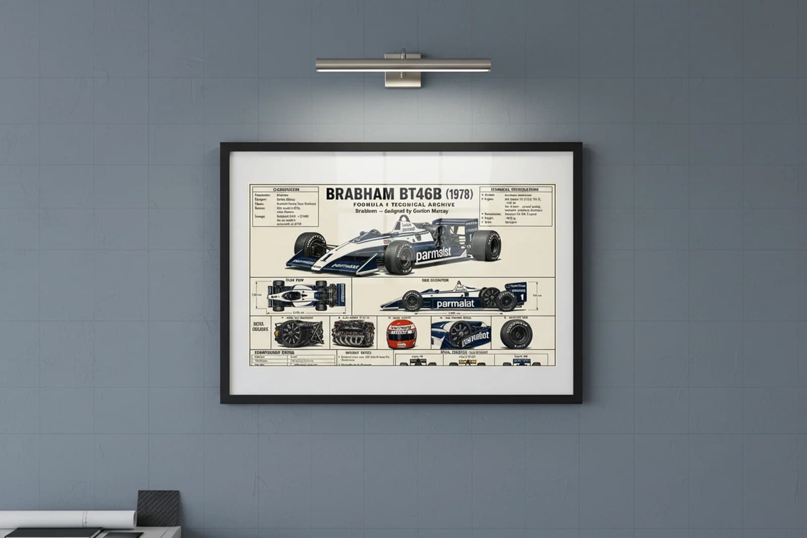 BT46B F1 Technical Archive print in black A2 frame on brabham-teal blueprint-indigo wall — engineering studio mockup