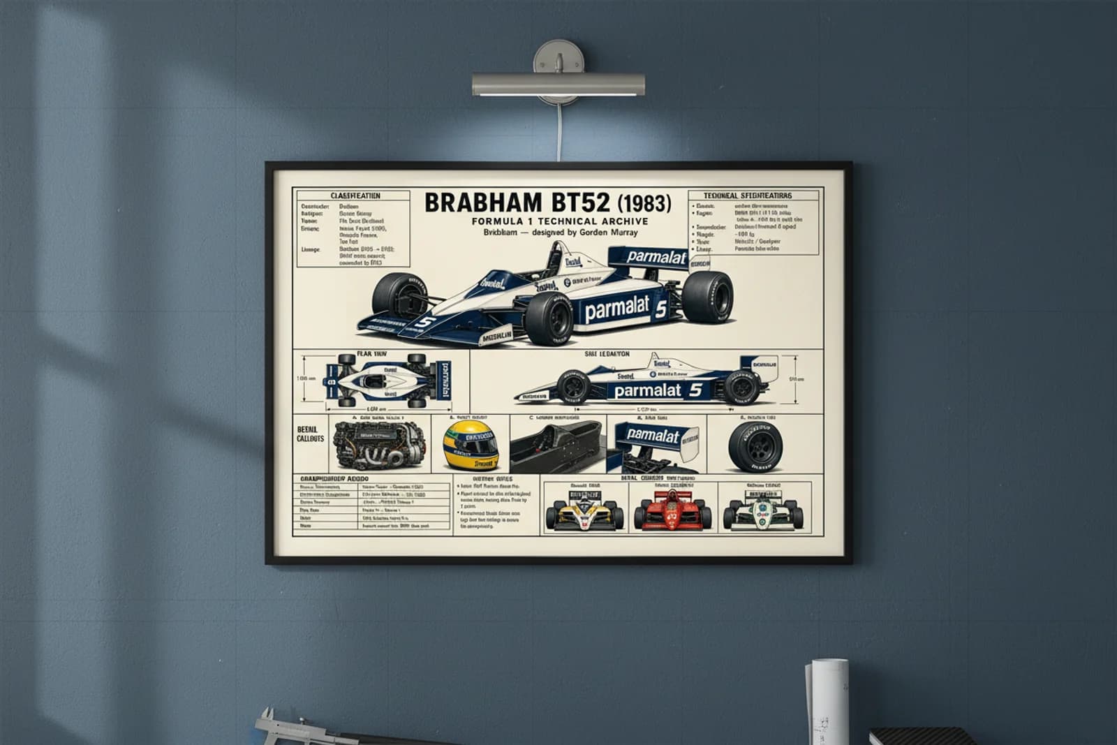 BT52 F1 Technical Archive print in black A2 frame on brabham-teal blueprint-indigo wall — engineering studio mockup