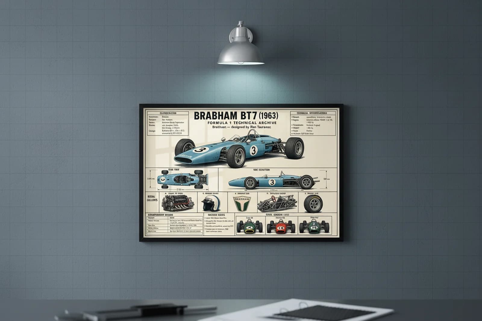 BT7 F1 Technical Archive print in black A2 frame on brabham-teal blueprint-indigo wall — engineering studio mockup