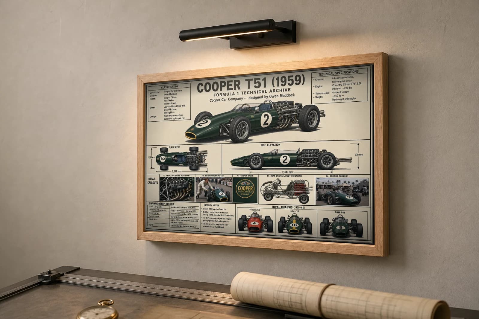 COOPER T51 Poster — 1959 F1 Technical Archive Blueprint Wall Art · framed A2 — the framed print shown at a three-quarter angle on a styled gallery wall in a natural-oak frame
