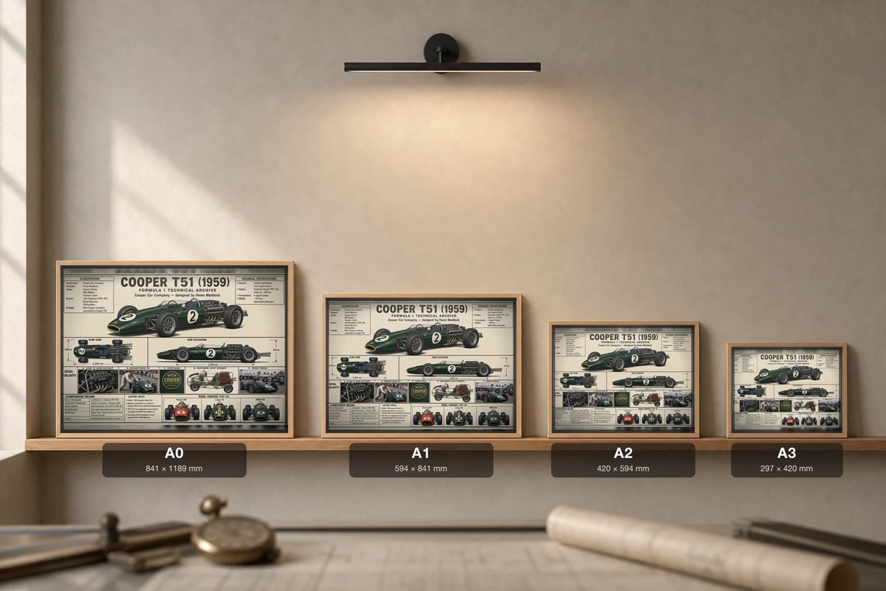 COOPER T51 Poster — 1959 F1 Technical Archive Blueprint Wall Art · framed A2 — print size guide showing the artwork at A0, A1, A2 and A3 in natural-oak frames at true relative scale