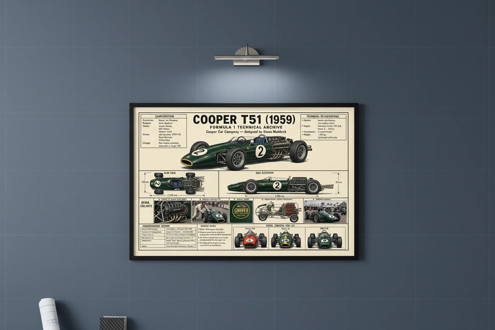 COOPER T51 F1 Technical Archive print in black A2 frame on constructor-accent blueprint-indigo wall — engineering studio mockup