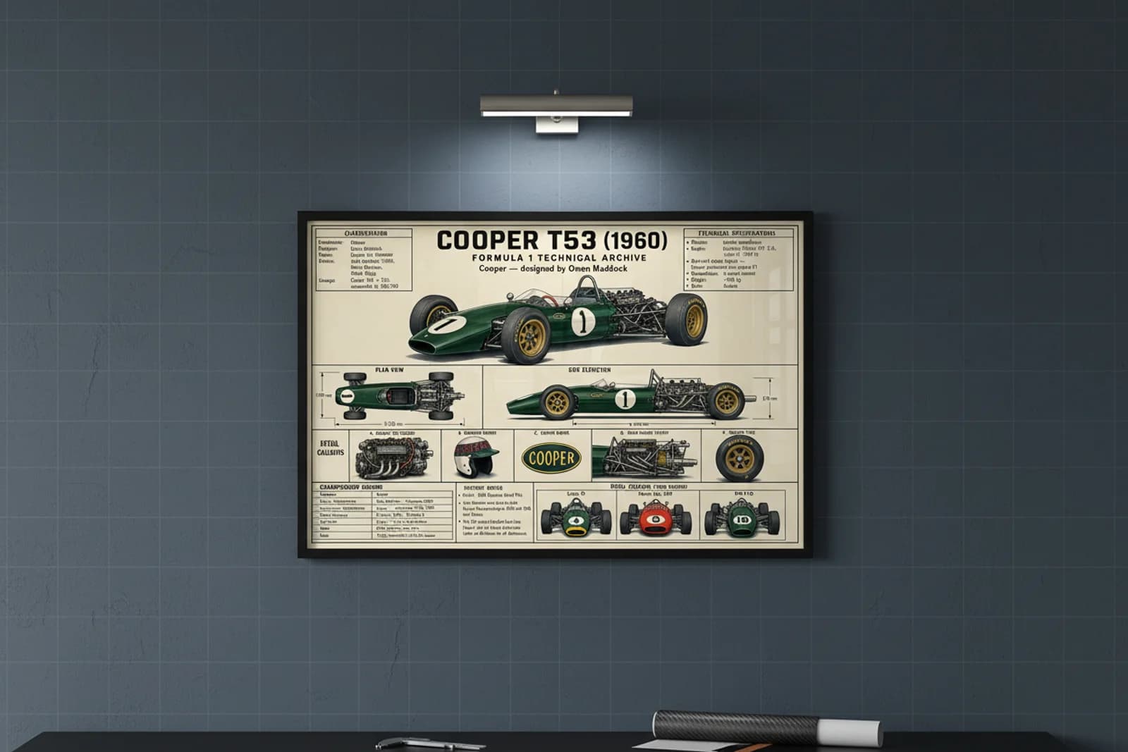 T53 F1 Technical Archive print in black A2 frame on cooper-green blueprint-indigo wall — engineering studio mockup