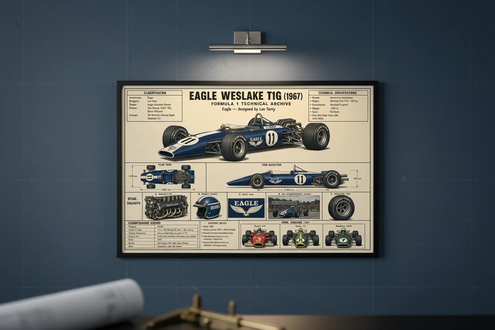 WESLAKE T1G F1 Technical Archive print in black A2 frame on constructor-accent blueprint-indigo wall — engineering studio mockup