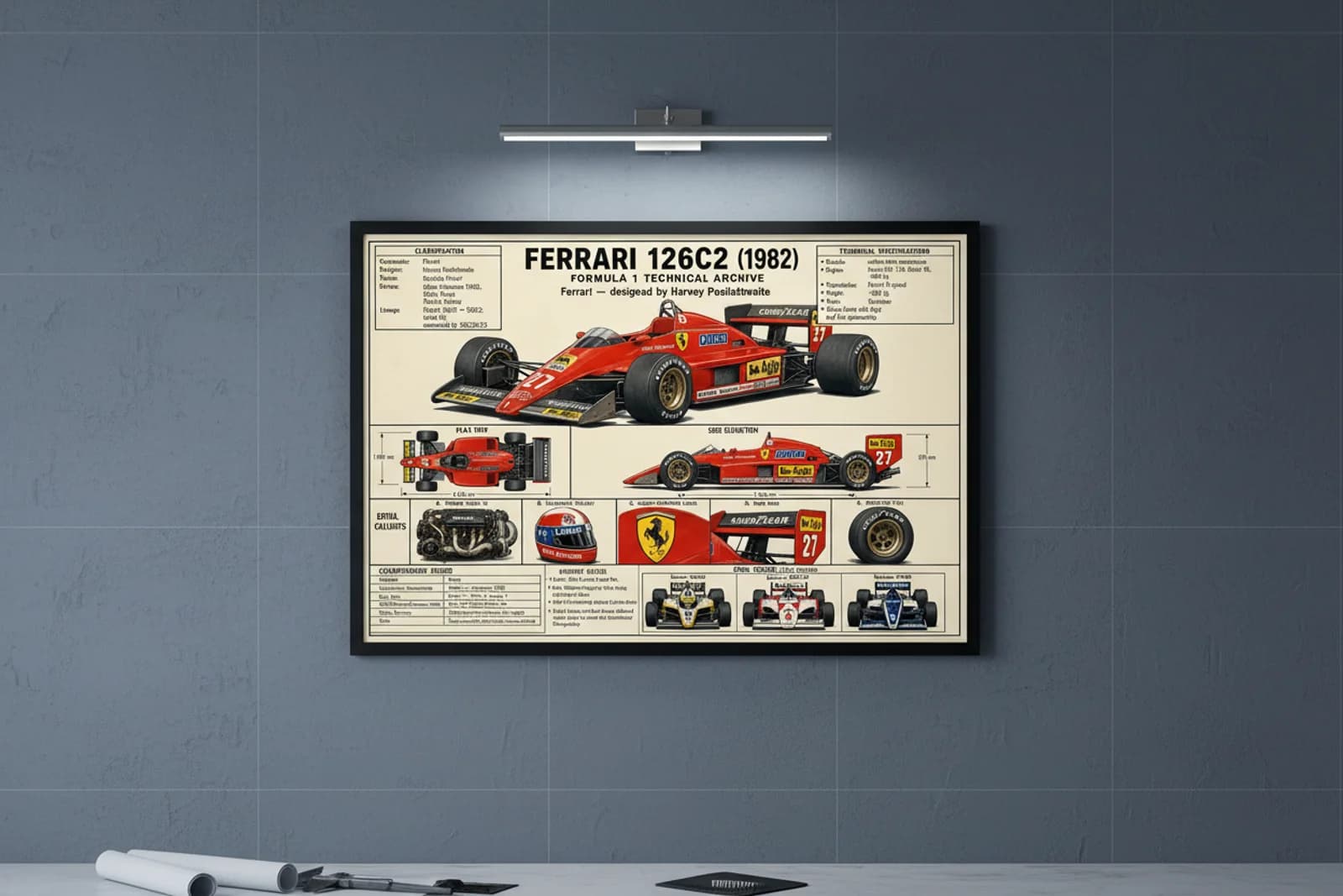 126C2 F1 Technical Archive print in black A2 frame on rosso-corsa blueprint-indigo wall — engineering studio mockup