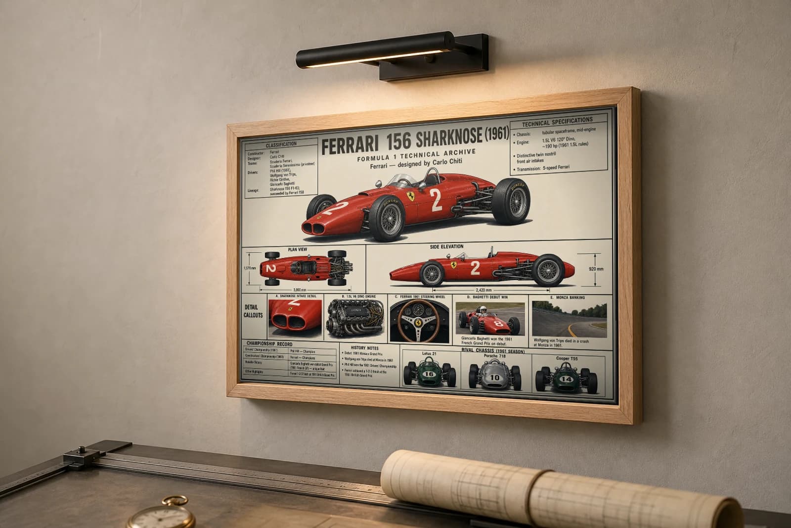 FERRARI 156 SHARKNOSE Poster — 1961 F1 Technical Archive Blueprint Wall Art · framed A2 — the framed print shown at a three-quarter angle on a styled gallery wall in a natural-oak frame