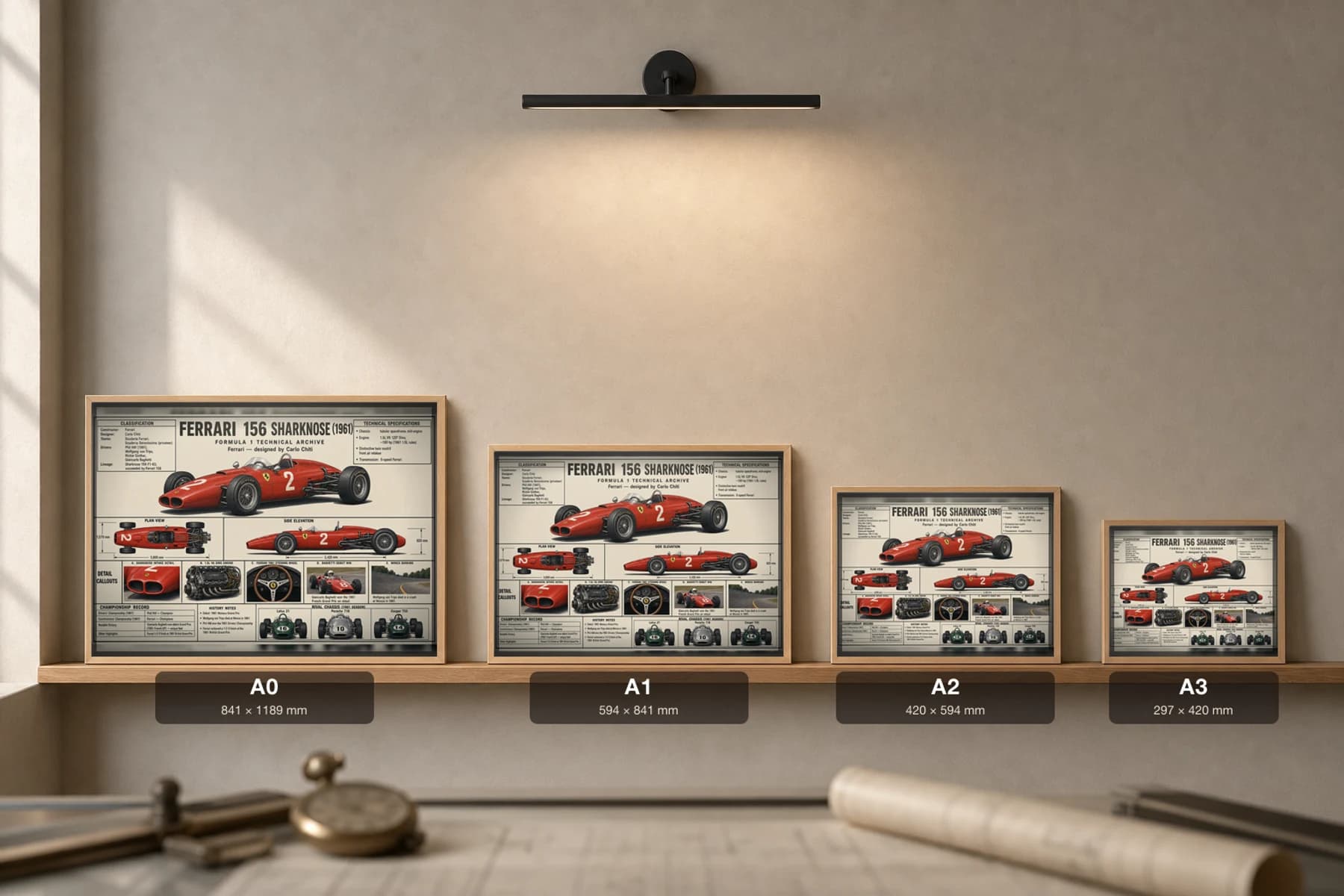FERRARI 156 SHARKNOSE Poster — 1961 F1 Technical Archive Blueprint Wall Art · framed A2 — print size guide showing the artwork at A0, A1, A2 and A3 in natural-oak frames at true relative scale