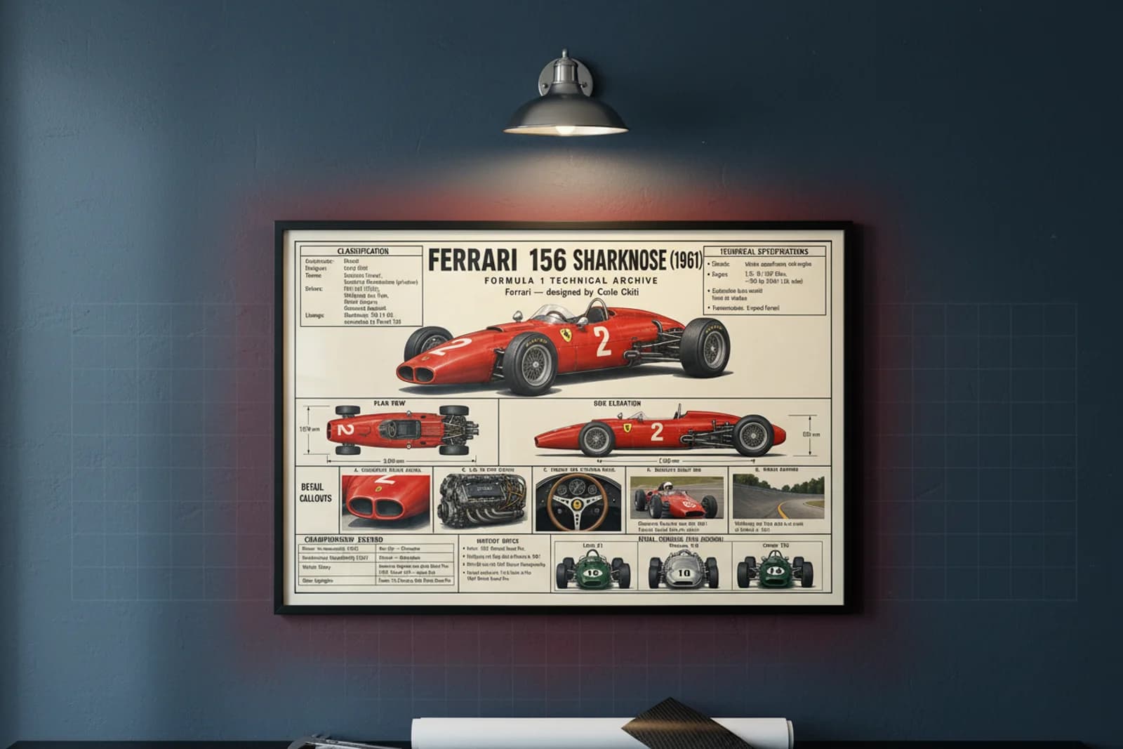 156 SHARKNOSE F1 Technical Archive print in black A2 frame on rosso-corsa blueprint-indigo wall — engineering studio mockup