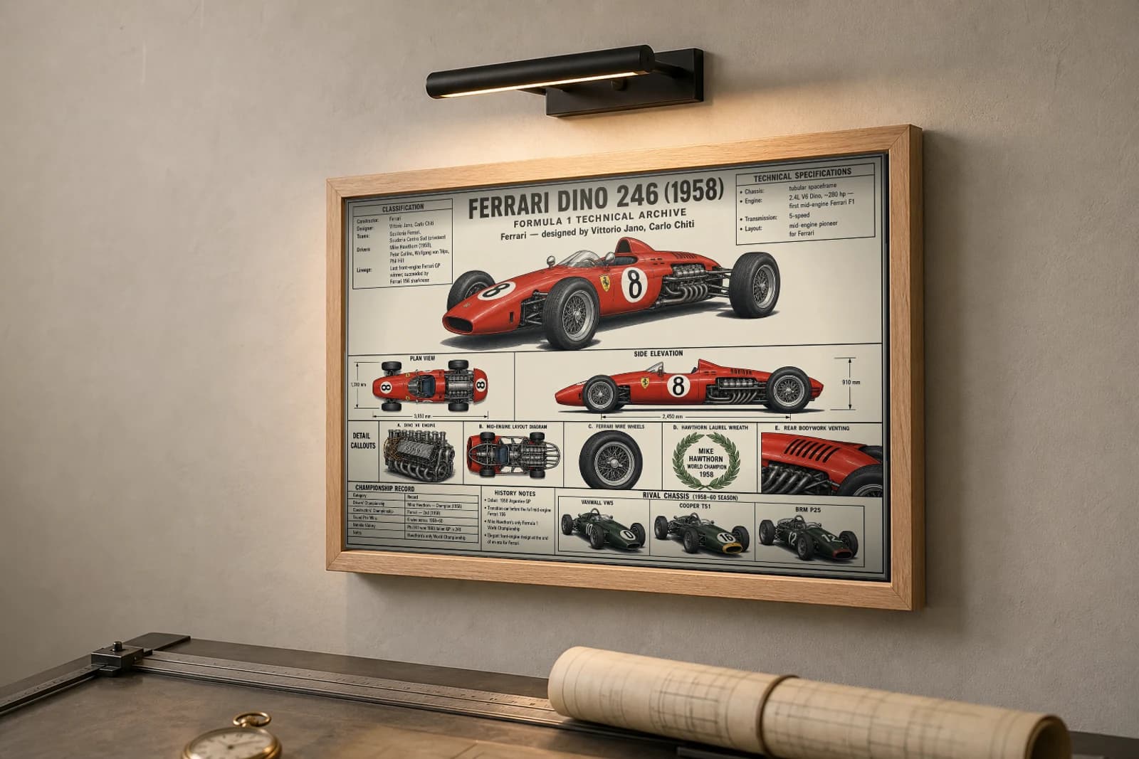 FERRARI DINO 246 Poster — 1958 F1 Technical Archive Blueprint Wall Art · framed A2 — the framed print shown at a three-quarter angle on a styled gallery wall in a natural-oak frame