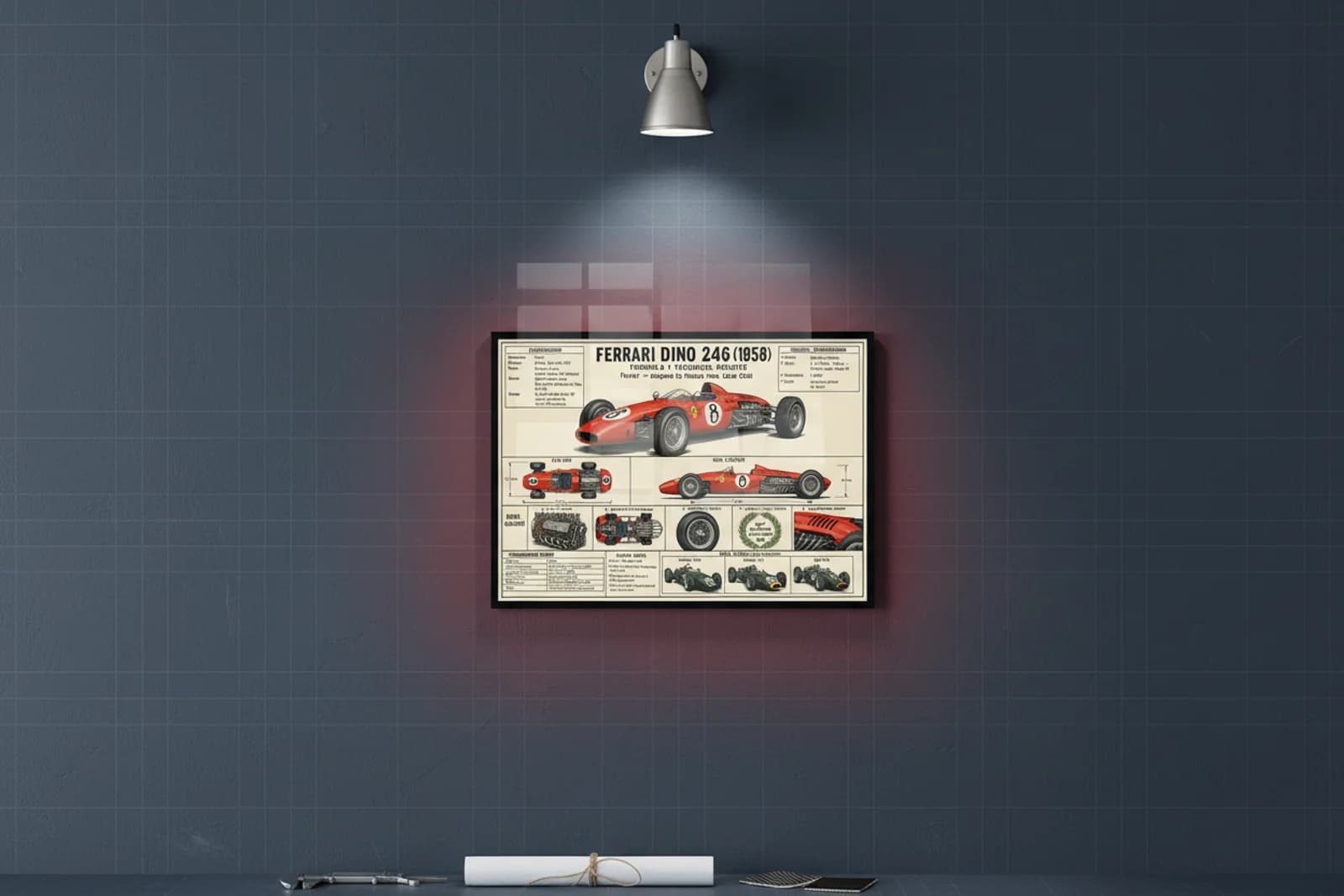 DINO 246 F1 Technical Archive print in black A2 frame on rosso-corsa blueprint-indigo wall — engineering studio mockup