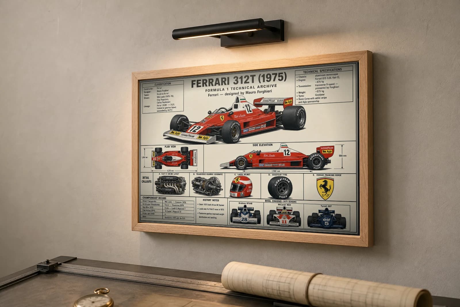 FERRARI 312T Poster — 1975 F1 Technical Archive Blueprint Wall Art · framed A2 — the framed print shown at a three-quarter angle on a styled gallery wall in a natural-oak frame