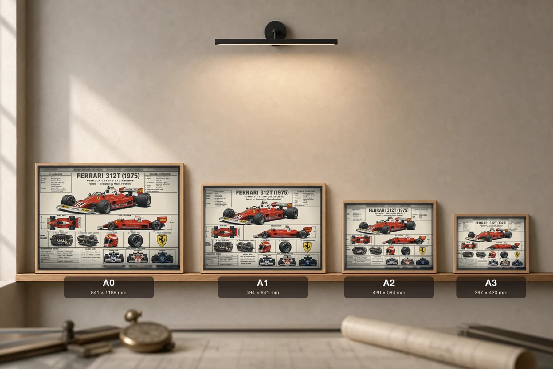 FERRARI 312T Poster — 1975 F1 Technical Archive Blueprint Wall Art · framed A2 — print size guide showing the artwork at A0, A1, A2 and A3 in natural-oak frames at true relative scale